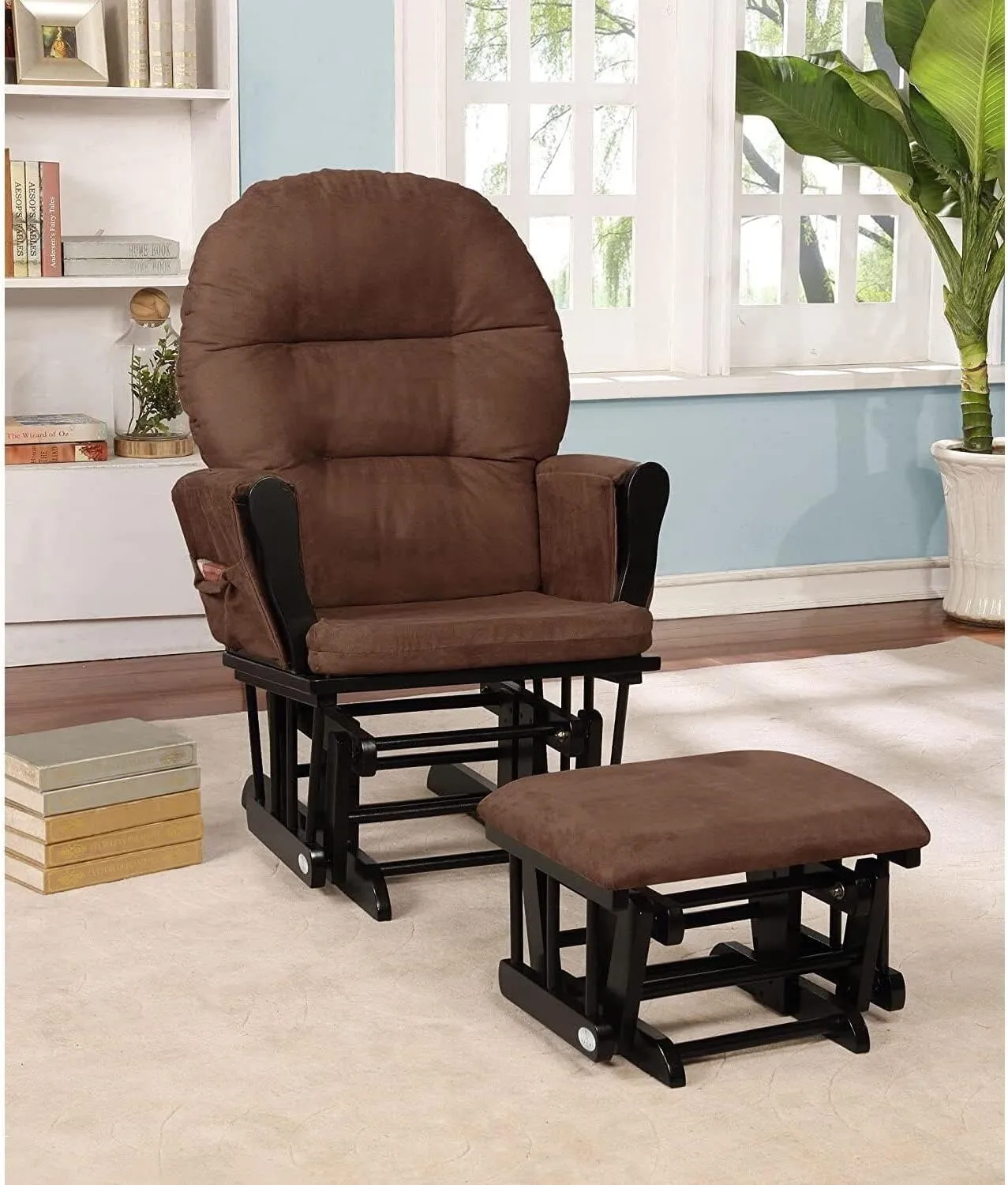 Nursery Glider & Ottoman Sets, Reclining Glider Rocker with Ottoman, Nursery Rocking Breastfeeding Maternity Chair for Baby Room, Recliner Glider with Ottoman, Padded Arms - Black, Chocolate