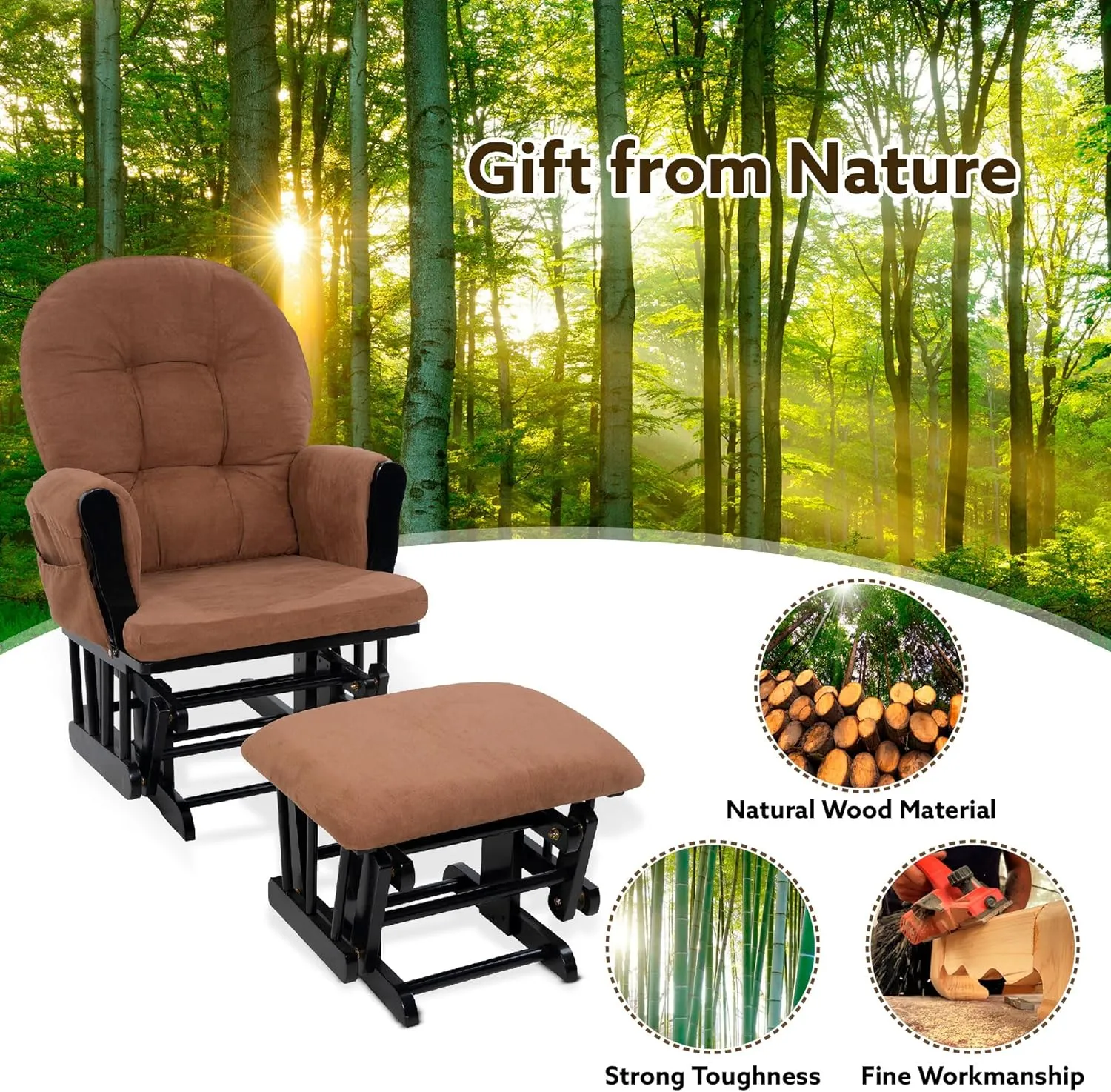 Nursery Glider & Ottoman Sets, Reclining Glider Rocker with Ottoman, Nursery Rocking Breastfeeding Maternity Chair for Baby Room, Recliner Glider with Ottoman, Padded Arms - Black, Chocolate