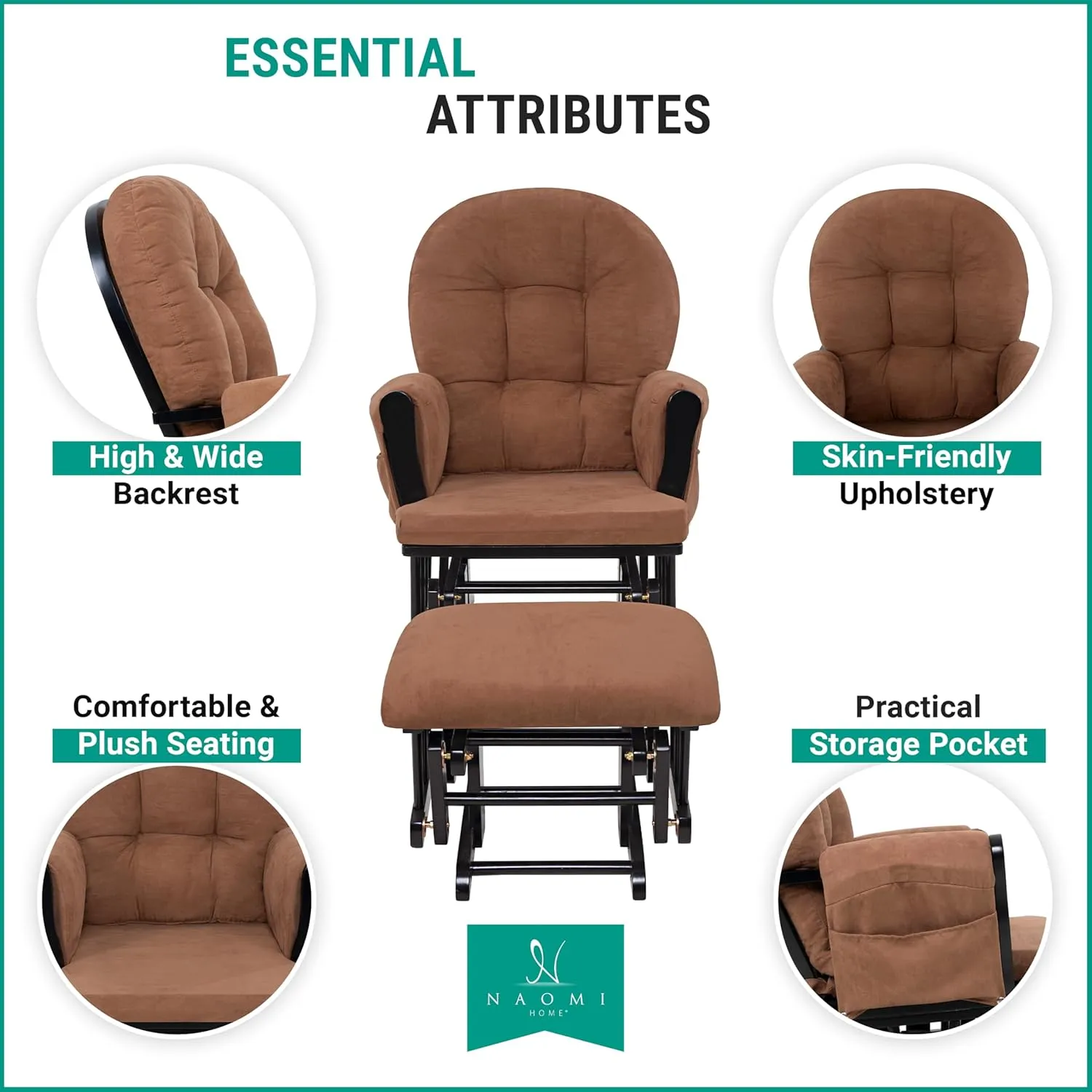 Nursery Glider & Ottoman Sets, Reclining Glider Rocker with Ottoman, Nursery Rocking Breastfeeding Maternity Chair for Baby Room, Recliner Glider with Ottoman, Padded Arms - Black, Chocolate