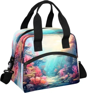 Oceanic Coral Lunch Bag Waterproof Lunch Tote Thermal Cooler Bag with Adjustable Strap Lunch Organizer For Men Women Work Travel Picnic