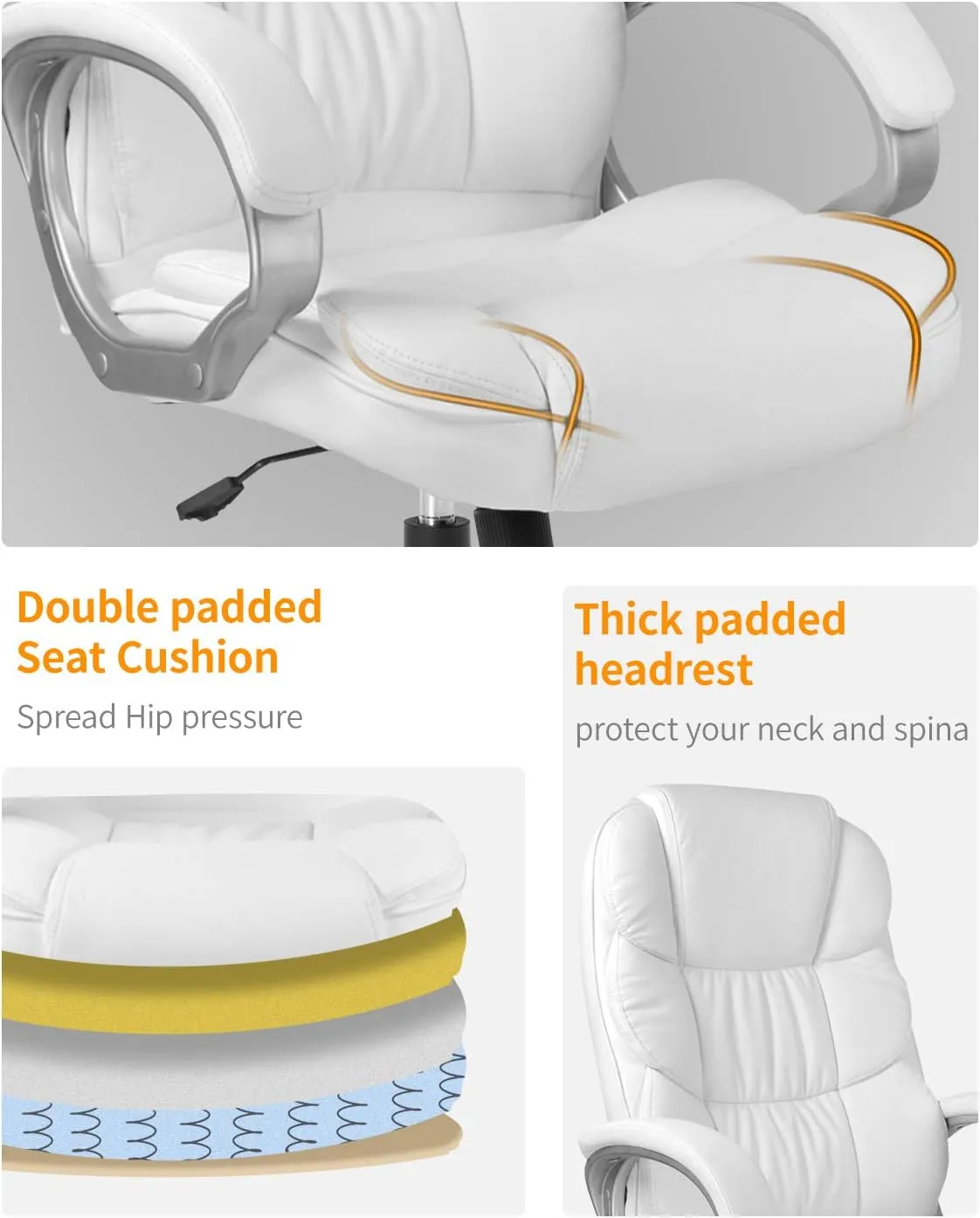 Office Chair Computer High Back Adjustable Ergonomic Desk Chair Executive PU Leather Swivel Task Chair with Armrests Lumbar Support (White)