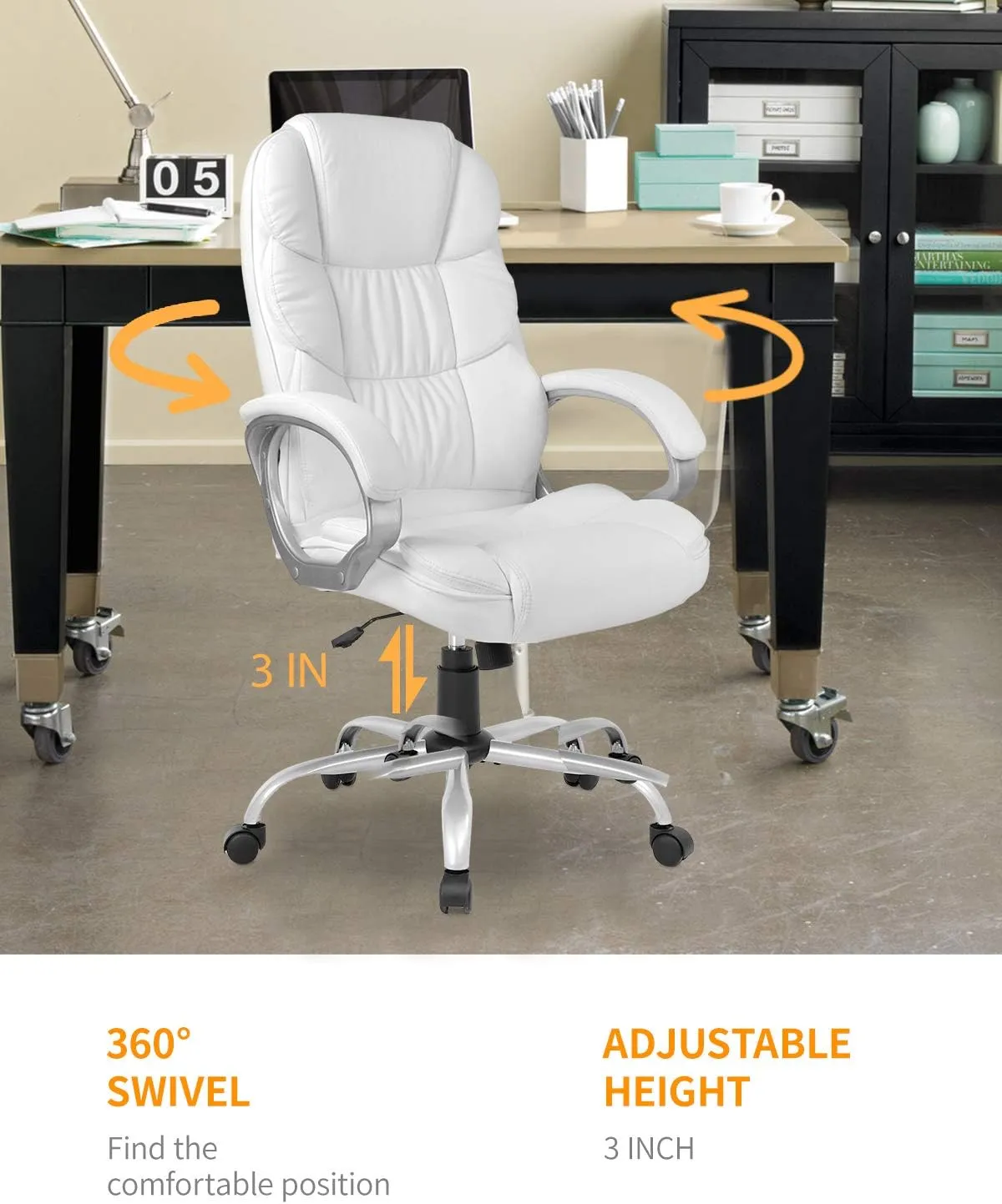 Office Chair Computer High Back Adjustable Ergonomic Desk Chair Executive PU Leather Swivel Task Chair with Armrests Lumbar Support (White)