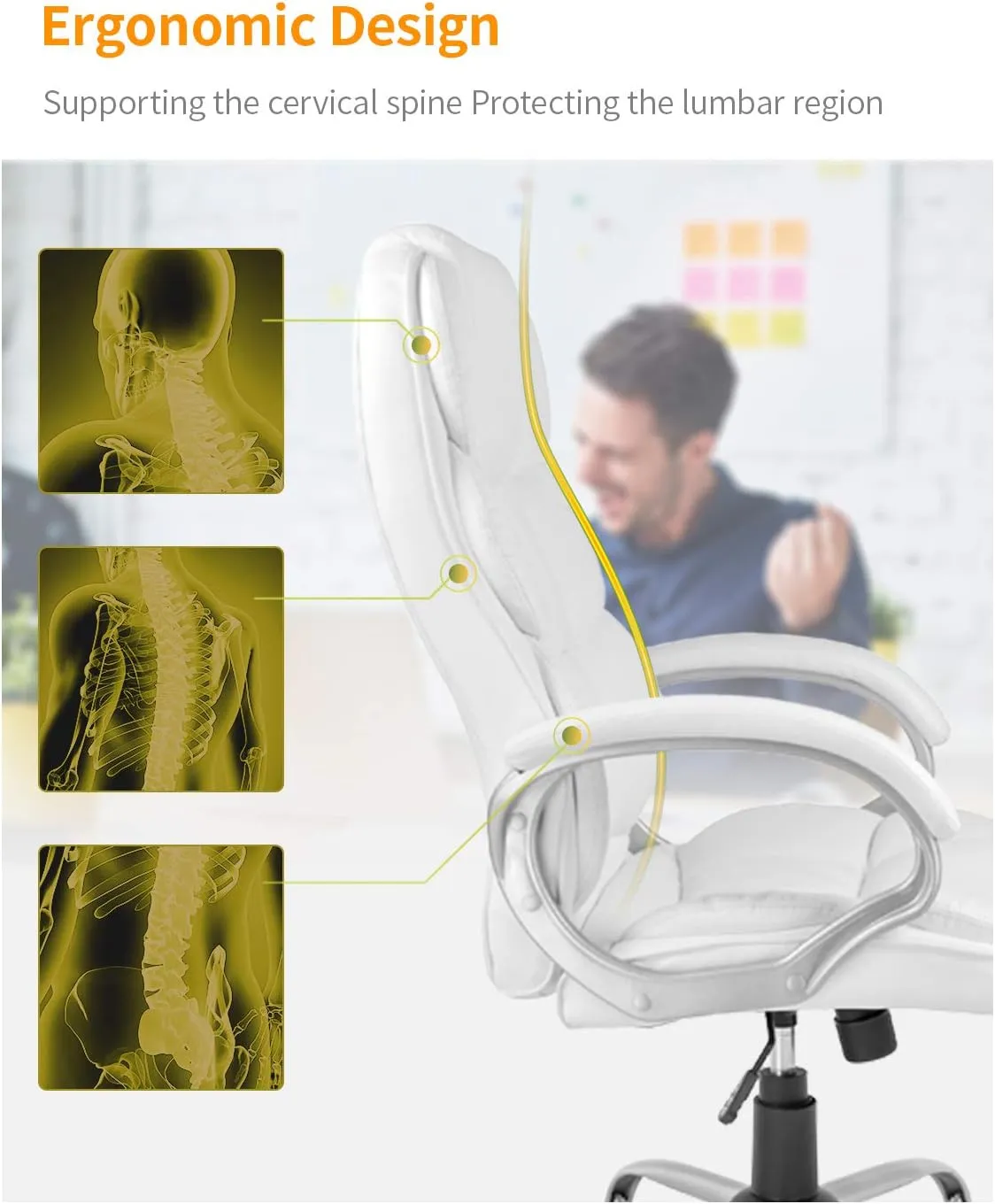 Office Chair Computer High Back Adjustable Ergonomic Desk Chair Executive PU Leather Swivel Task Chair with Armrests Lumbar Support (White)