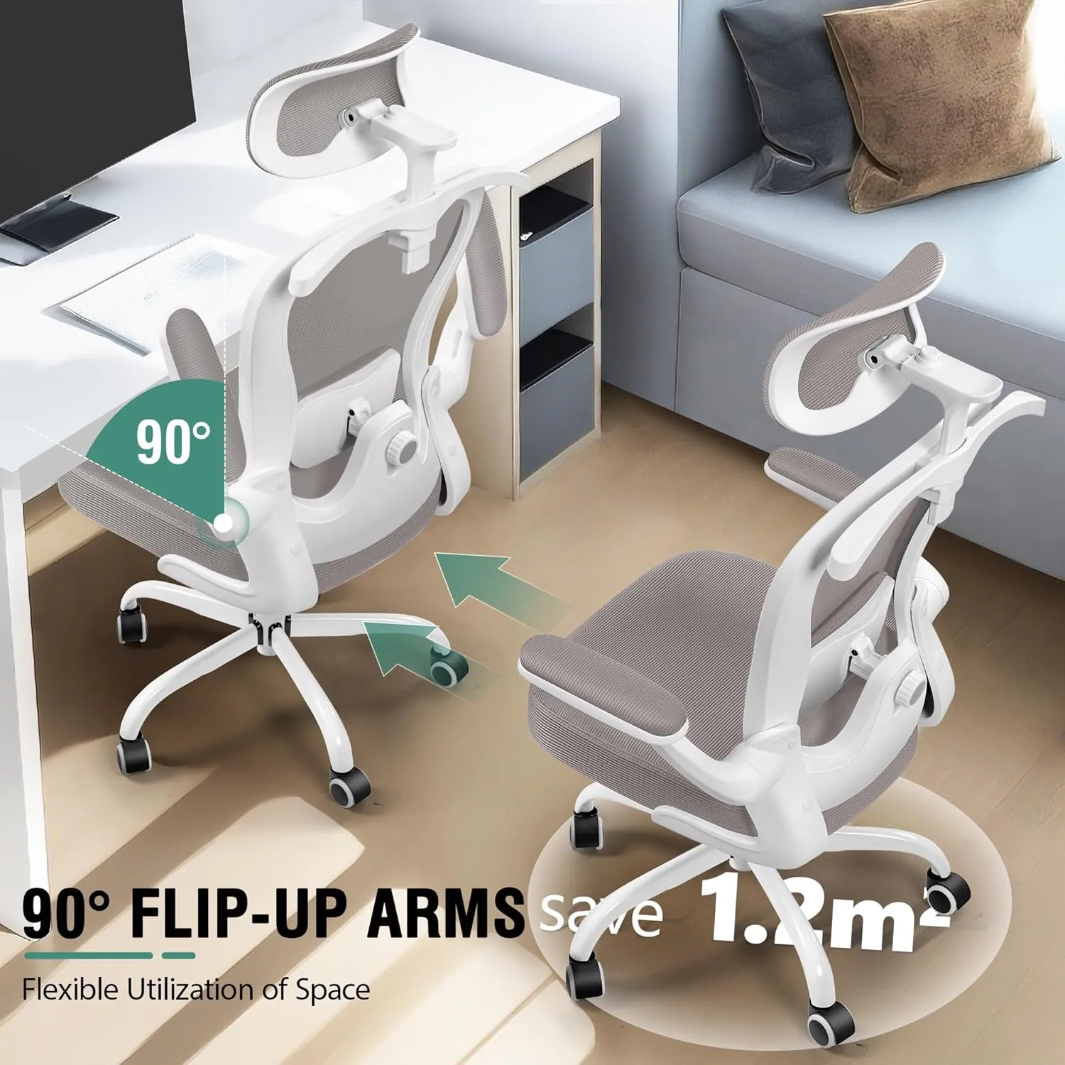 Office Chair, Ergonomic Office Chair with 3D Lumbar Support 3D Headrest, Comfy High Back Home Desk Chairs, Breathable Mesh Computer Chairs with Flip-Up Armrests & Hanger,Gray