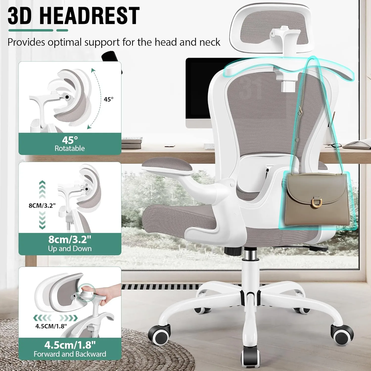 Office Chair, Ergonomic Office Chair with 3D Lumbar Support 3D Headrest, Comfy High Back Home Desk Chairs, Breathable Mesh Computer Chairs with Flip-Up Armrests & Hanger,Gray