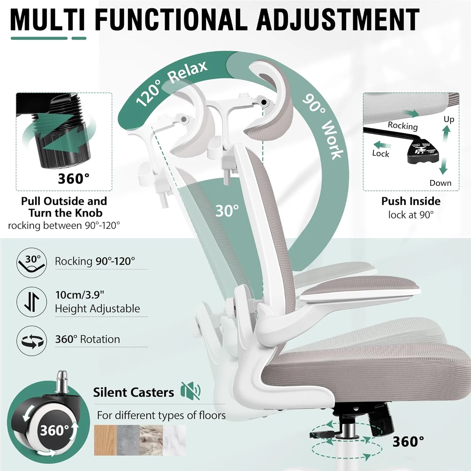 Office Chair, Ergonomic Office Chair with 3D Lumbar Support 3D Headrest, Comfy High Back Home Desk Chairs, Breathable Mesh Computer Chairs with Flip-Up Armrests & Hanger,Gray
