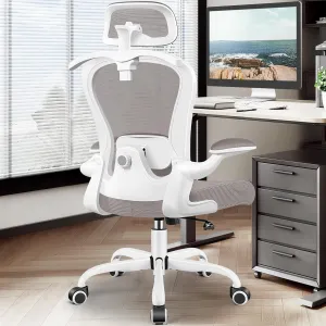 Office Chair, Ergonomic Office Chair with 3D Lumbar Support 3D Headrest, Comfy High Back Home Desk Chairs, Breathable Mesh Computer Chairs with Flip-Up Armrests & Hanger,Gray