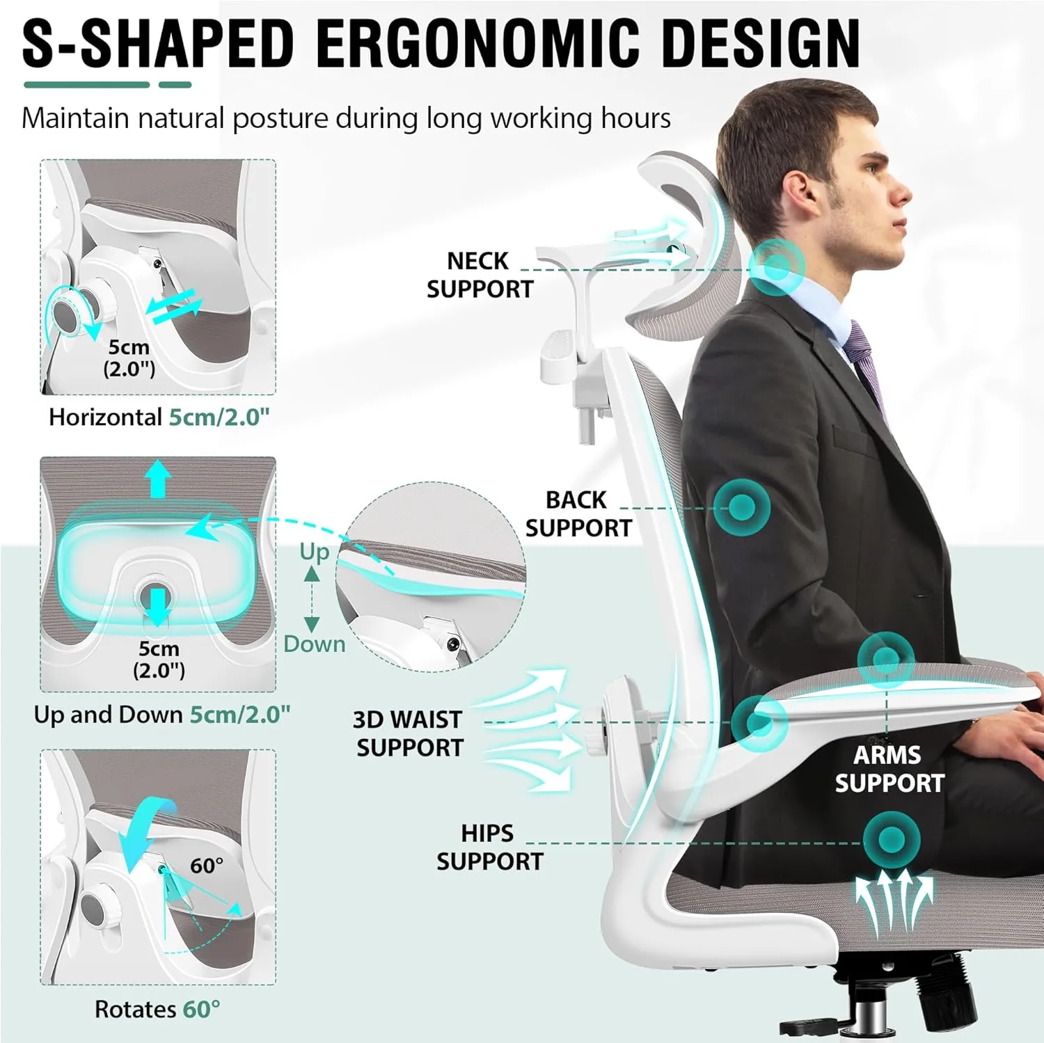 Office Chair, Ergonomic Office Chair with 3D Lumbar Support 3D Headrest, Comfy High Back Home Desk Chairs, Breathable Mesh Computer Chairs with Flip-Up Armrests & Hanger,Gray