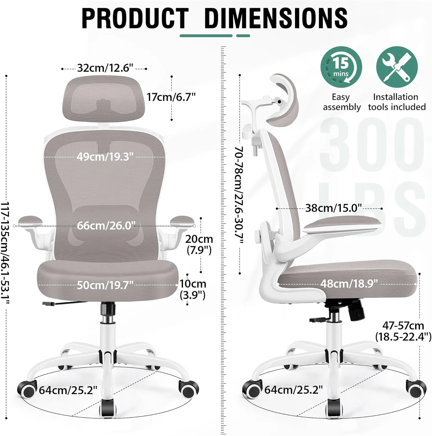 Office Chair, Ergonomic Office Chair with 3D Lumbar Support 3D Headrest, Comfy High Back Home Desk Chairs, Breathable Mesh Computer Chairs with Flip-Up Armrests & Hanger,Gray