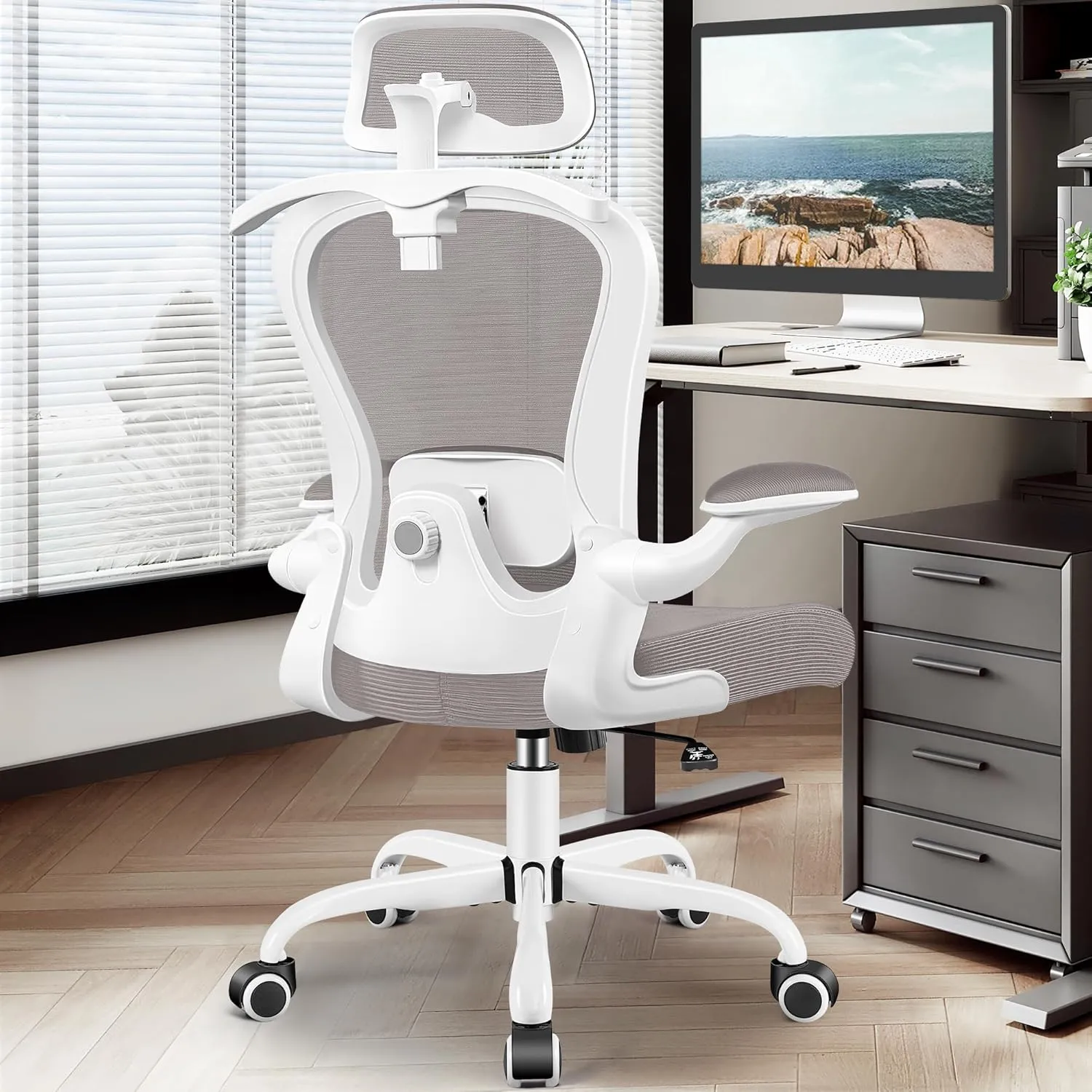 Office Chair, Ergonomic Office Chair with 3D Lumbar Support 3D Headrest, Comfy High Back Home Desk Chairs, Breathable Mesh Computer Chairs with Flip-Up Armrests & Hanger,Gray