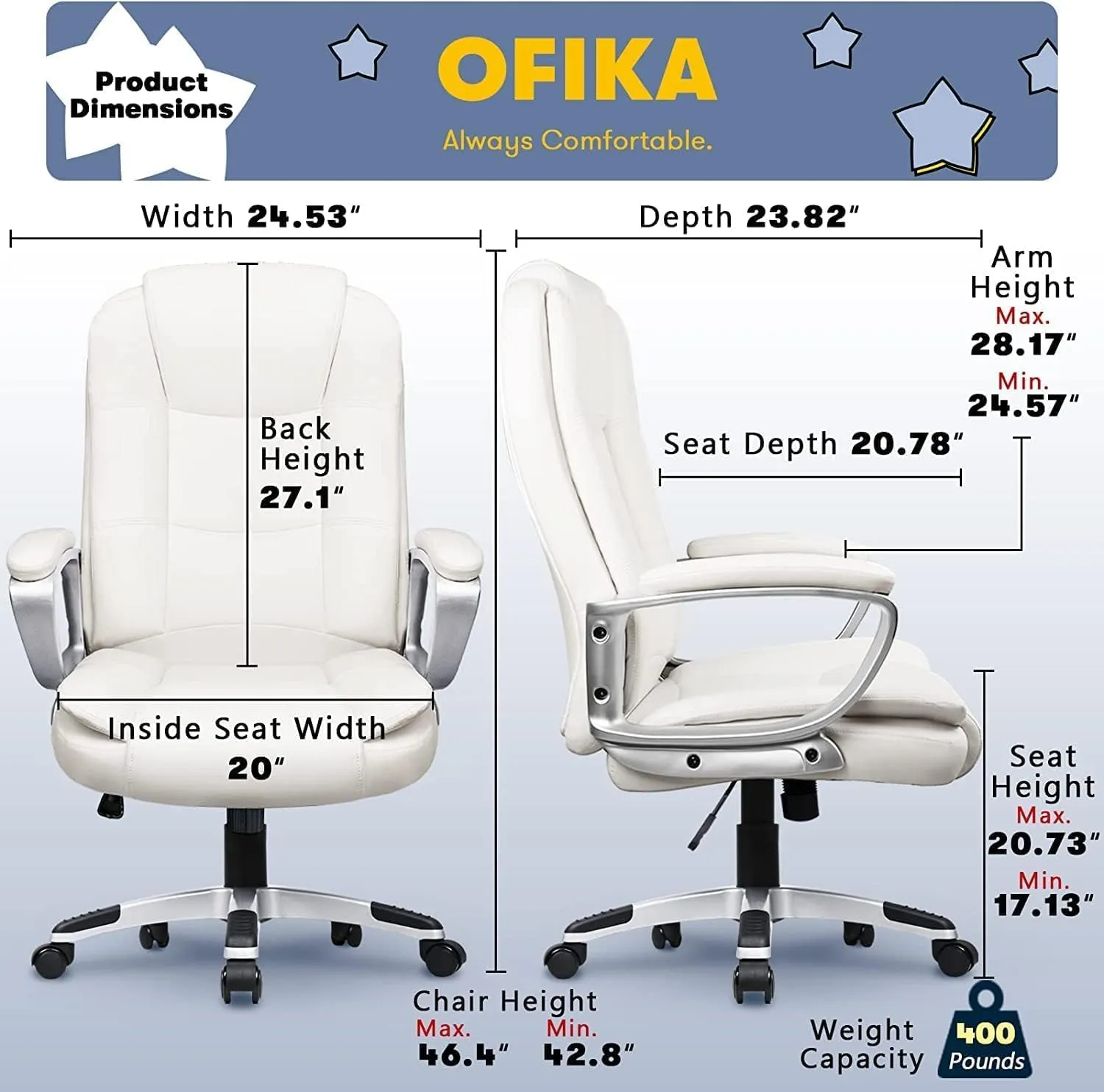 OFIKA Home Office Chair, 400LBS Big and Tall Chair Heavy Duty Design, Ergonomic High Back Cushion Lumbar Back Support, Computer Desk Chair, Adjustable Executive Leather Chair with Armrest