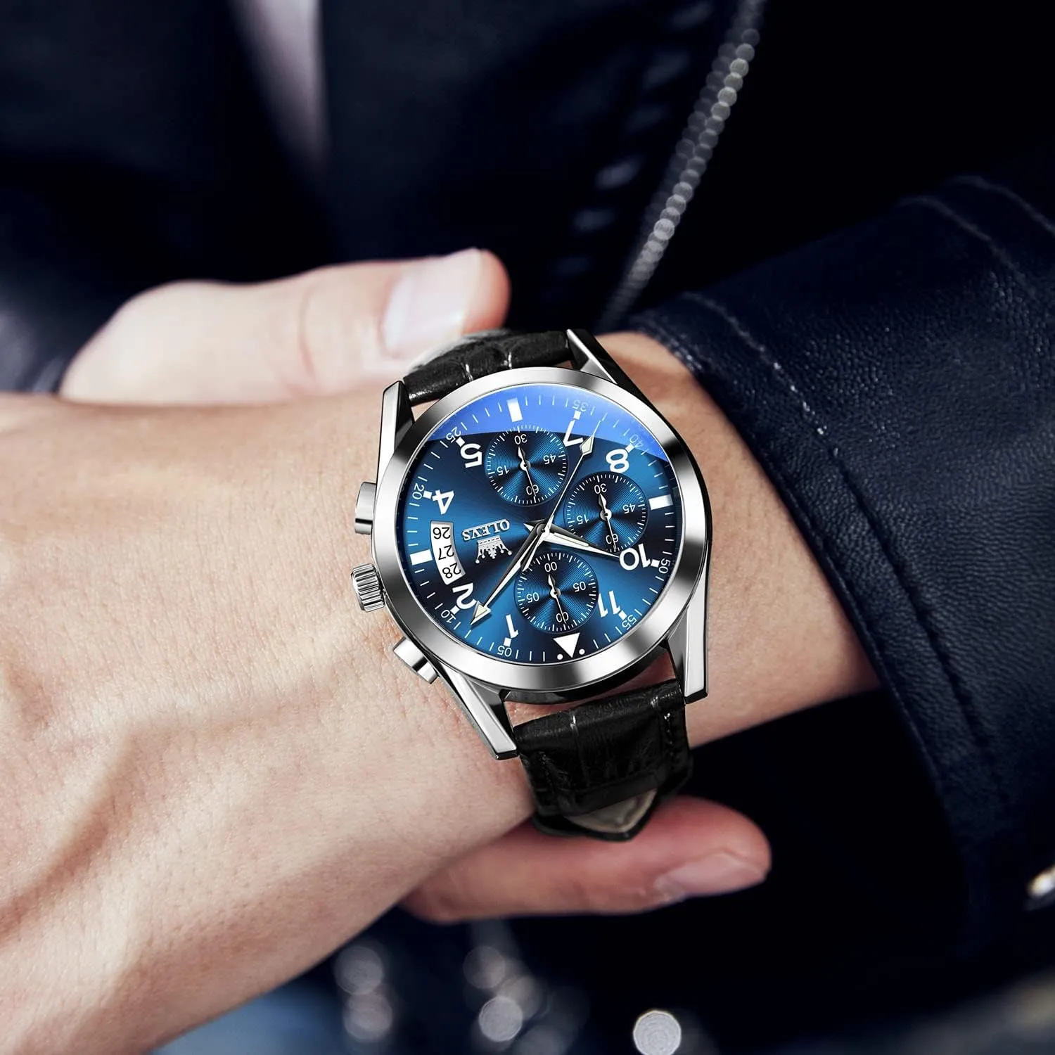 OLEVS Men's Casual Leather Watch, Big Face Chronograph Watch for Men, Fashion Easy to Read Dress Watch, Men's Waterproof Luminous Date Analog Watch, Gold/Black/White/Blue Dial