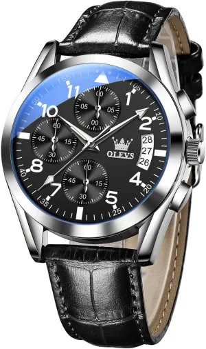 OLEVS Men's Casual Leather Watch, Big Face Chronograph Watch for Men, Fashion Easy to Read Dress Watch, Men's Waterproof Luminous Date Analog Watch, Gold/Black/White/Blue Dial