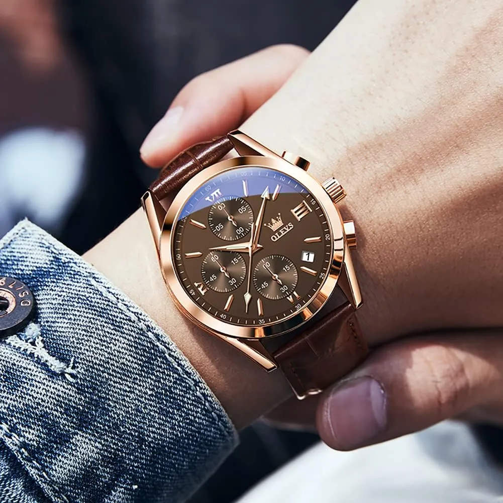 OLEVS Men's Casual Leather Watch, Big Face Chronograph Watch for Men, Fashion Easy to Read Dress Watch, Men's Waterproof Luminous Date Analog Watch, Gold/Black/White/Blue Dial