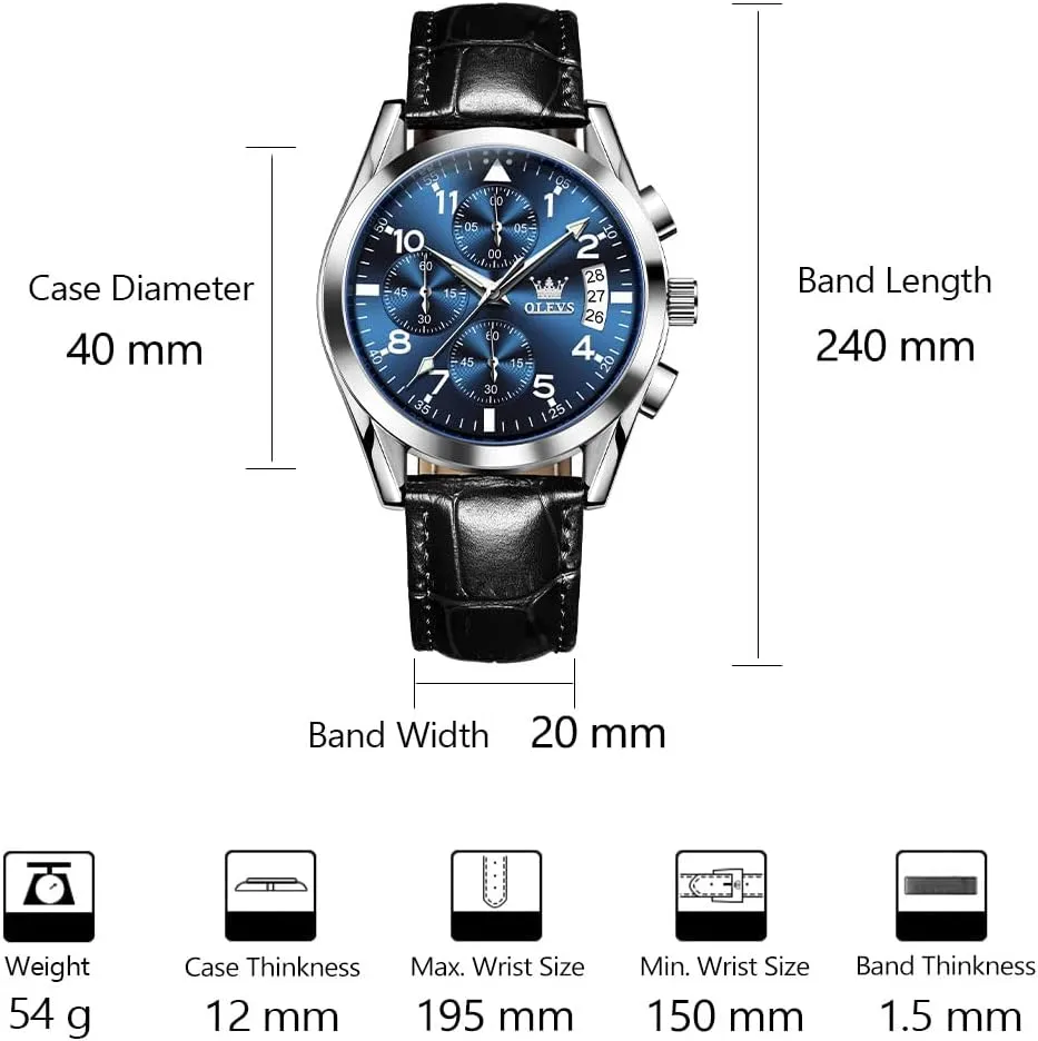 OLEVS Men's Casual Leather Watch, Big Face Chronograph Watch for Men, Fashion Easy to Read Dress Watch, Men's Waterproof Luminous Date Analog Watch, Gold/Black/White/Blue Dial