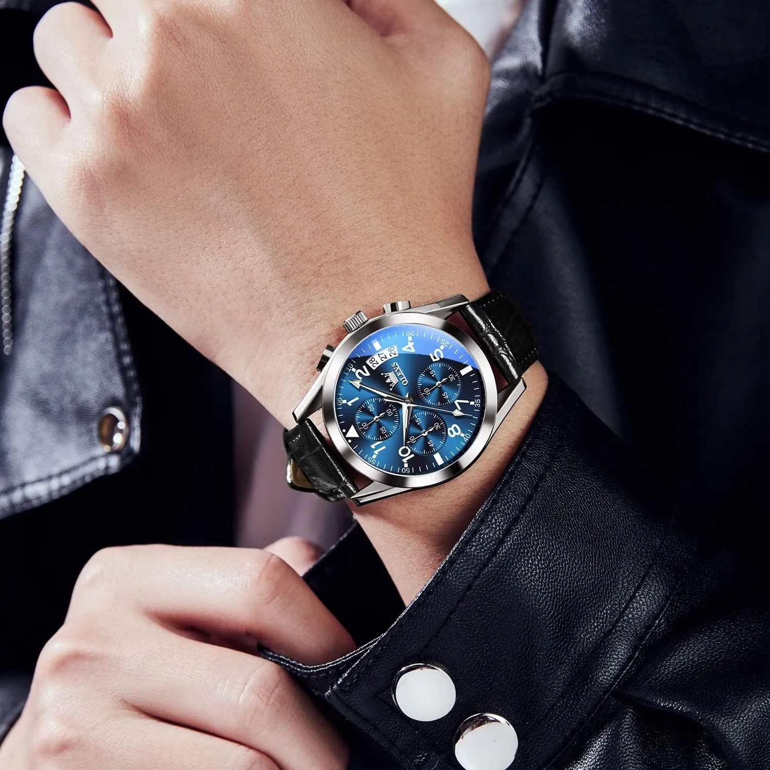 OLEVS Men's Casual Leather Watch, Big Face Chronograph Watch for Men, Fashion Easy to Read Dress Watch, Men's Waterproof Luminous Date Analog Watch, Gold/Black/White/Blue Dial