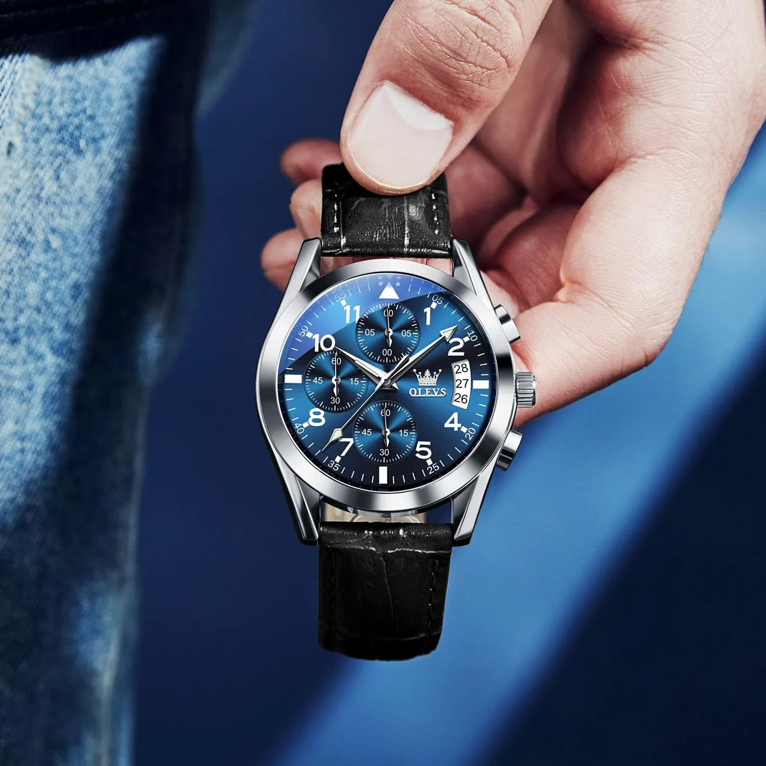 OLEVS Men's Casual Leather Watch, Big Face Chronograph Watch for Men, Fashion Easy to Read Dress Watch, Men's Waterproof Luminous Date Analog Watch, Gold/Black/White/Blue Dial