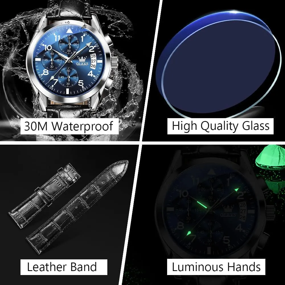 OLEVS Men's Casual Leather Watch, Big Face Chronograph Watch for Men, Fashion Easy to Read Dress Watch, Men's Waterproof Luminous Date Analog Watch, Gold/Black/White/Blue Dial
