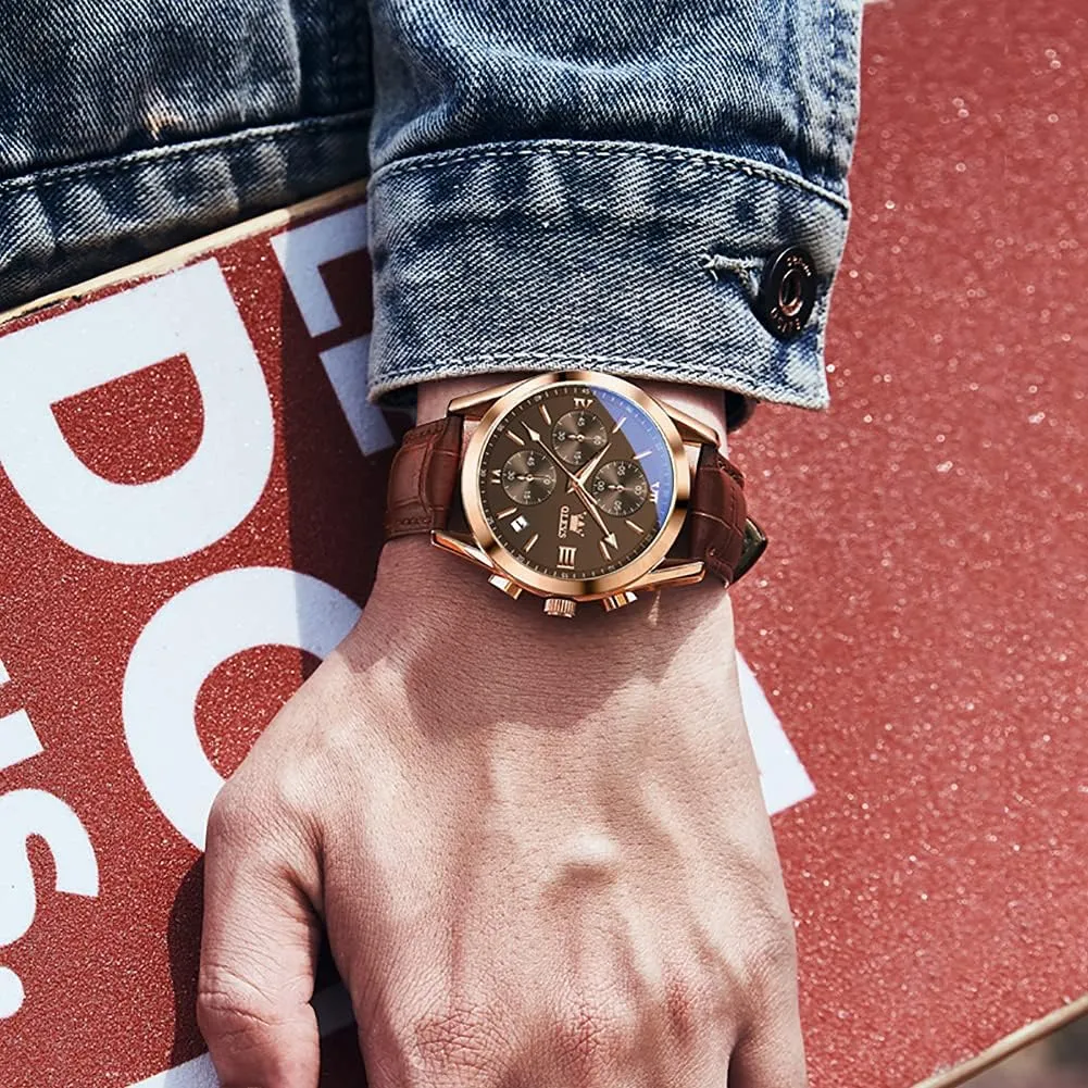 OLEVS Men's Casual Leather Watch, Big Face Chronograph Watch for Men, Fashion Easy to Read Dress Watch, Men's Waterproof Luminous Date Analog Watch, Gold/Black/White/Blue Dial