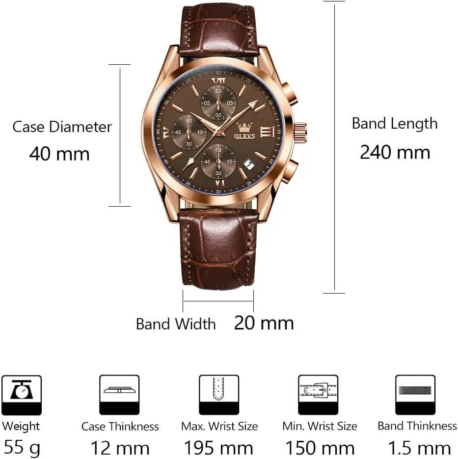 OLEVS Men's Casual Leather Watch, Big Face Chronograph Watch for Men, Fashion Easy to Read Dress Watch, Men's Waterproof Luminous Date Analog Watch, Gold/Black/White/Blue Dial