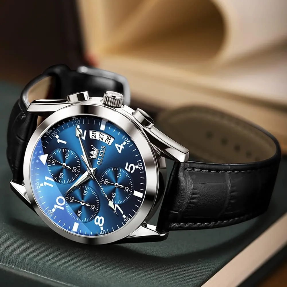 OLEVS Men's Casual Leather Watch, Big Face Chronograph Watch for Men, Fashion Easy to Read Dress Watch, Men's Waterproof Luminous Date Analog Watch, Gold/Black/White/Blue Dial