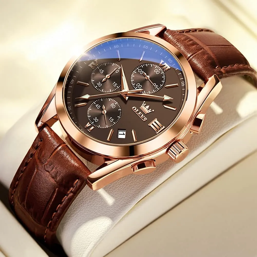 OLEVS Men's Casual Leather Watch, Big Face Chronograph Watch for Men, Fashion Easy to Read Dress Watch, Men's Waterproof Luminous Date Analog Watch, Gold/Black/White/Blue Dial