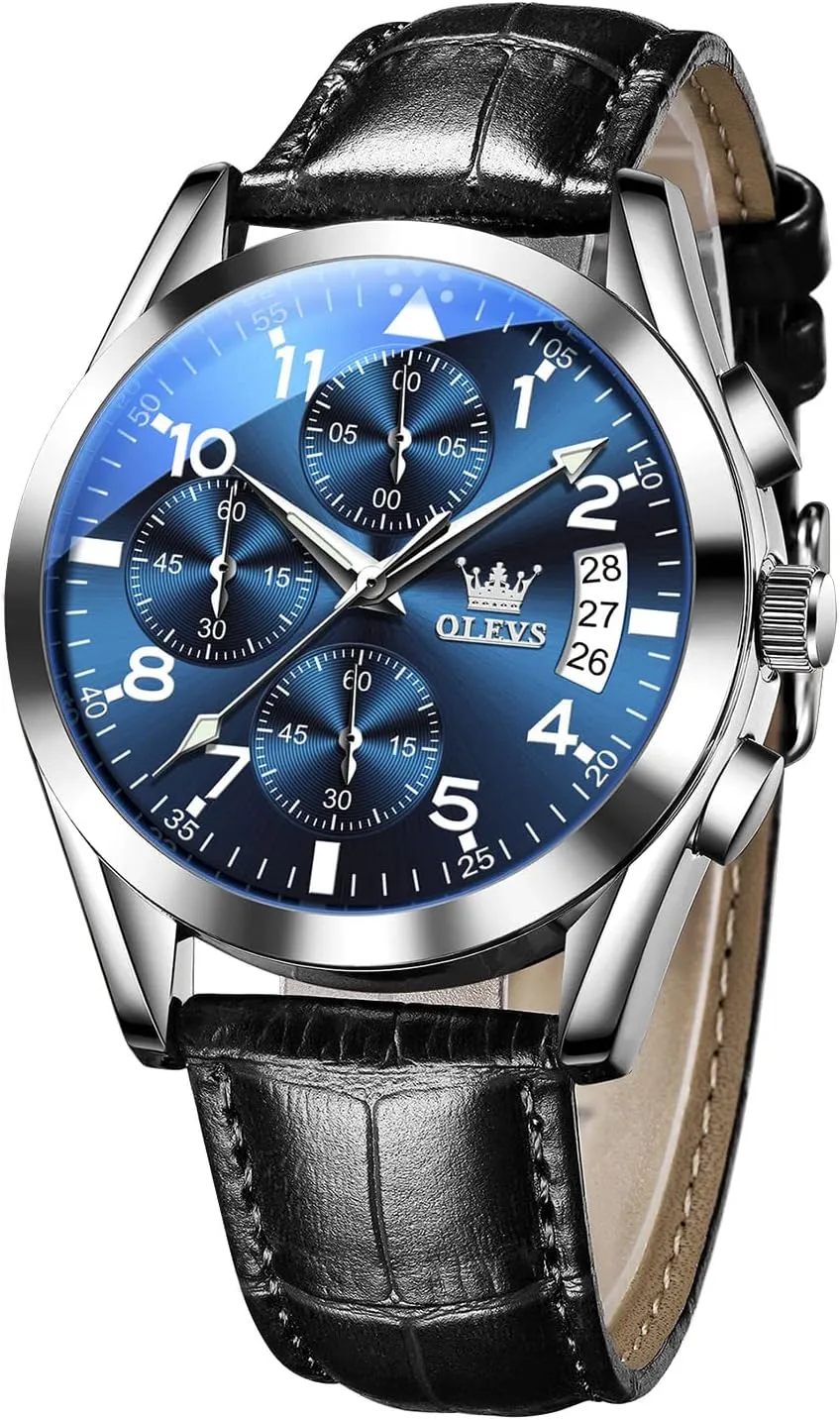 OLEVS Men's Casual Leather Watch, Big Face Chronograph Watch for Men, Fashion Easy to Read Dress Watch, Men's Waterproof Luminous Date Analog Watch, Gold/Black/White/Blue Dial