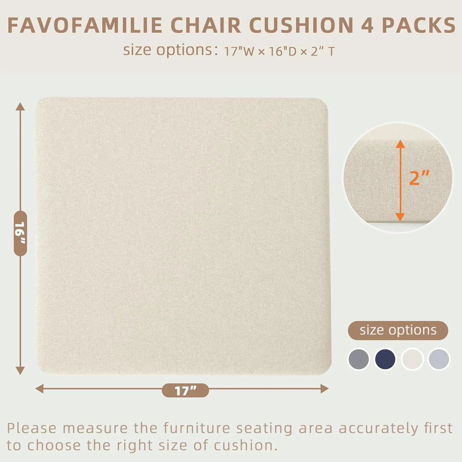 Outdoor Chair Cushions Set of 4, Water-Resistant & Fadeness 17" W x 16" D x 2" T Seat Cushion, High Density Foam with Dual Straps for Patio Garden Furniture Sofa Dining Chairs, Beige