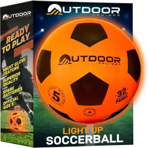 Outdoor Cruiser Light Up Soccer Ball - Waterproof Rubber Construction, Glow in the Dark, Glows Up to 30 Hours with Tap Activation, Complete Set with Pump & Spare Batteries, Official Size 5, Ages 8-15