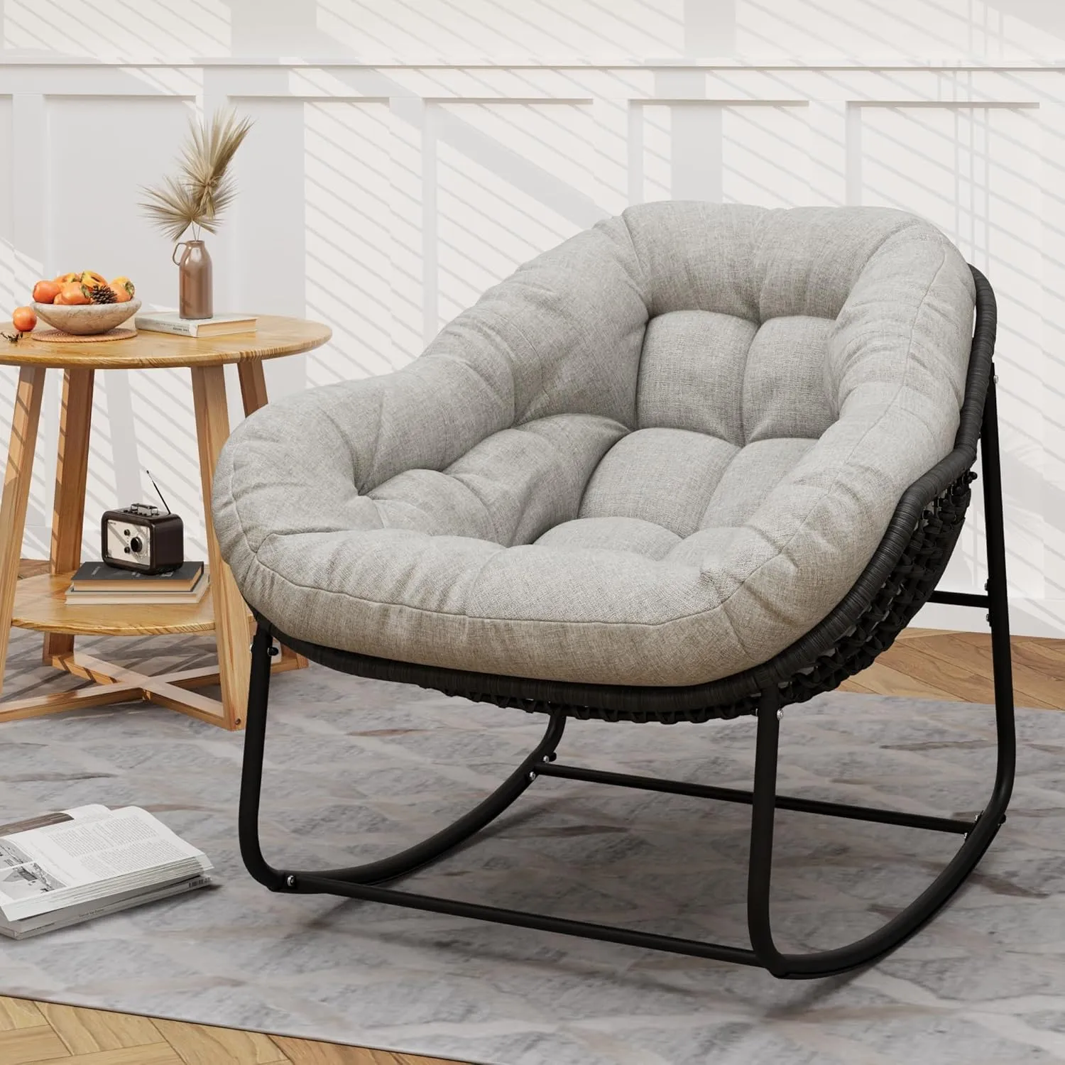 Outdoor Indoor Rocking Chair, Patio Wicker Egg Chair, Indoor & Outdoor Comfy Oversized Papasan Chair with Padded Cushion, Royal Rattan Rocker for Front Porch, Garden, Patio (Beige)