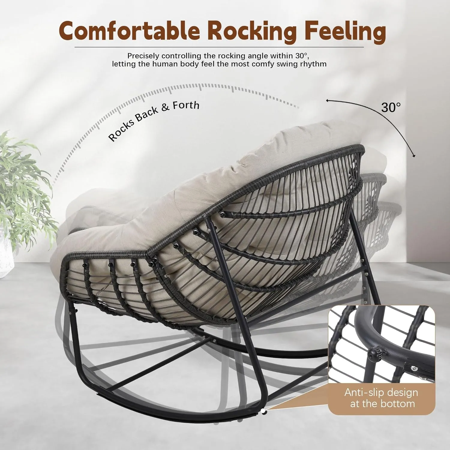 Outdoor Indoor Rocking Chair, Patio Wicker Egg Chair, Indoor & Outdoor Comfy Oversized Papasan Chair with Padded Cushion, Royal Rattan Rocker for Front Porch, Garden, Patio (Beige)