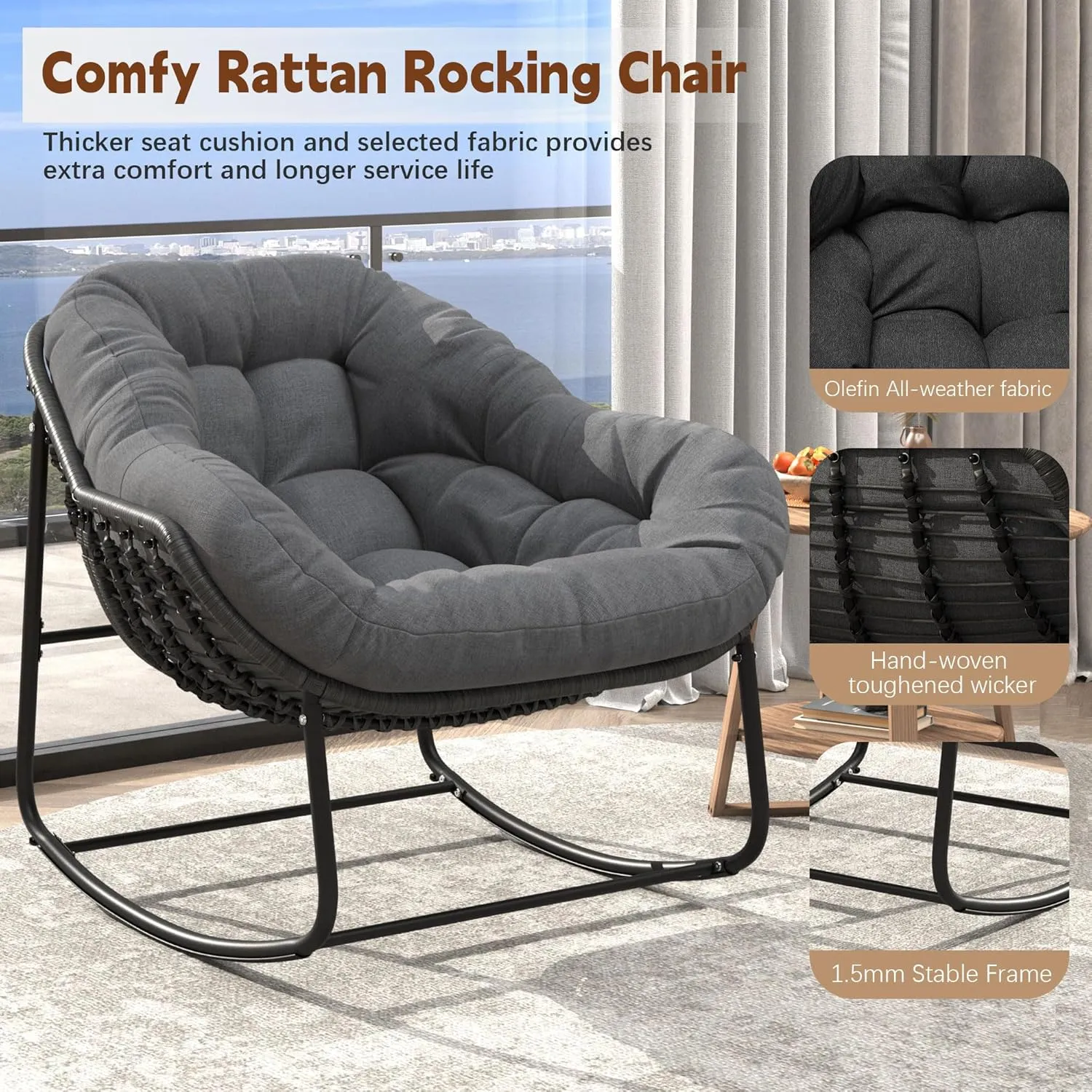 Outdoor Indoor Rocking Chair, Patio Wicker Egg Chair, Indoor & Outdoor Comfy Oversized Papasan Chair with Padded Cushion, Royal Rattan Rocker for Front Porch, Garden, Patio (Dark Grey)