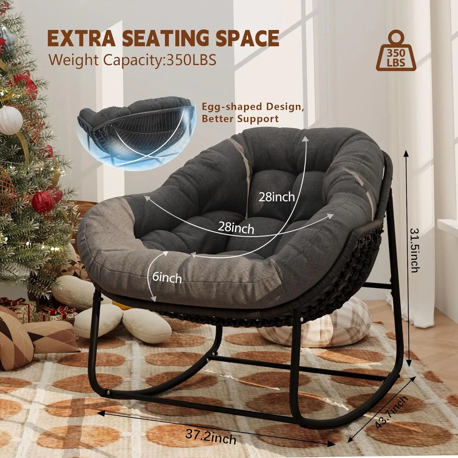 Outdoor Indoor Rocking Chair, Patio Wicker Egg Chair, Indoor & Outdoor Comfy Oversized Papasan Chair with Padded Cushion, Royal Rattan Rocker for Front Porch, Garden, Patio (Dark Grey)