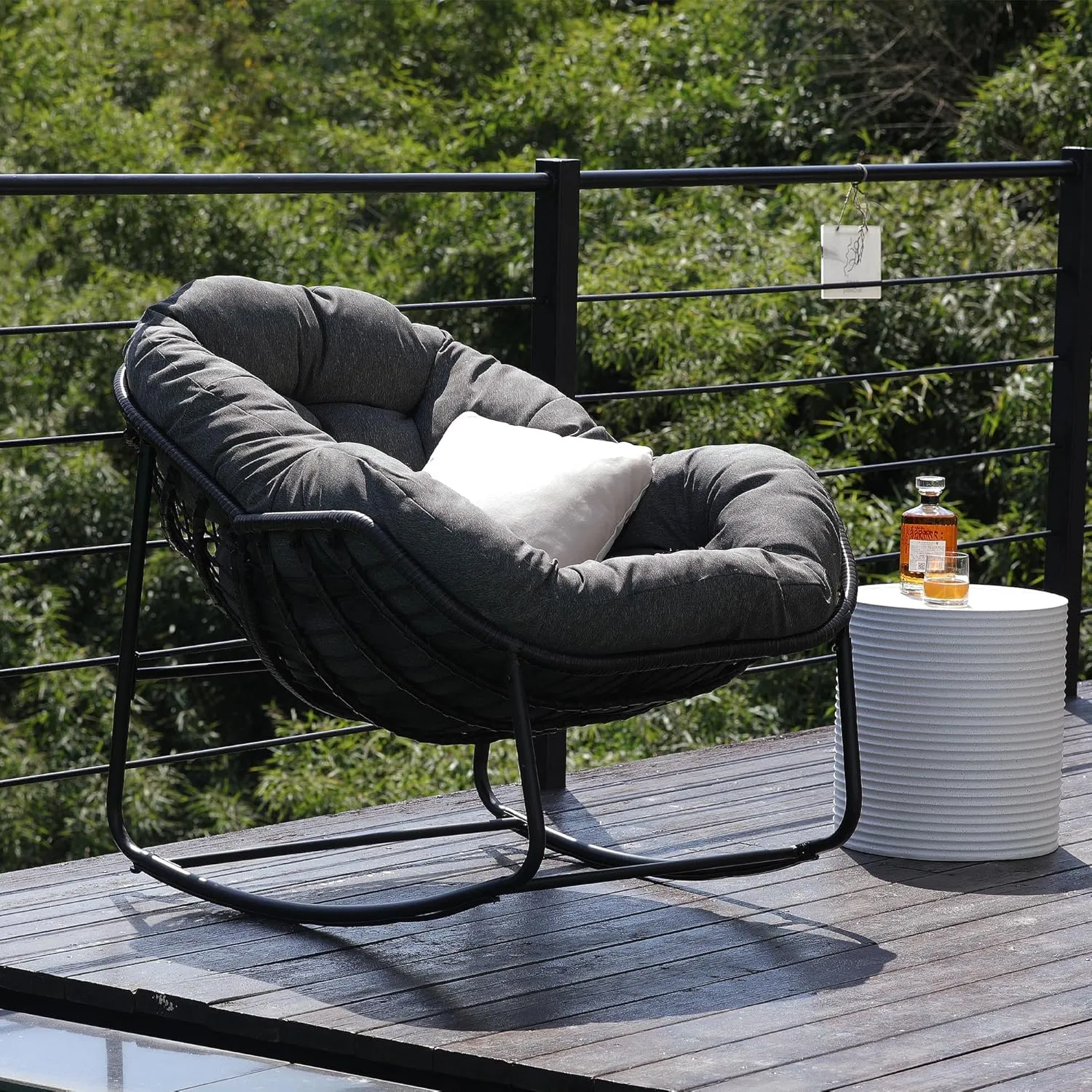 Outdoor Indoor Rocking Chair, Patio Wicker Egg Chair, Indoor & Outdoor Comfy Oversized Papasan Chair with Padded Cushion, Royal Rattan Rocker for Front Porch, Garden, Patio (Dark Grey)