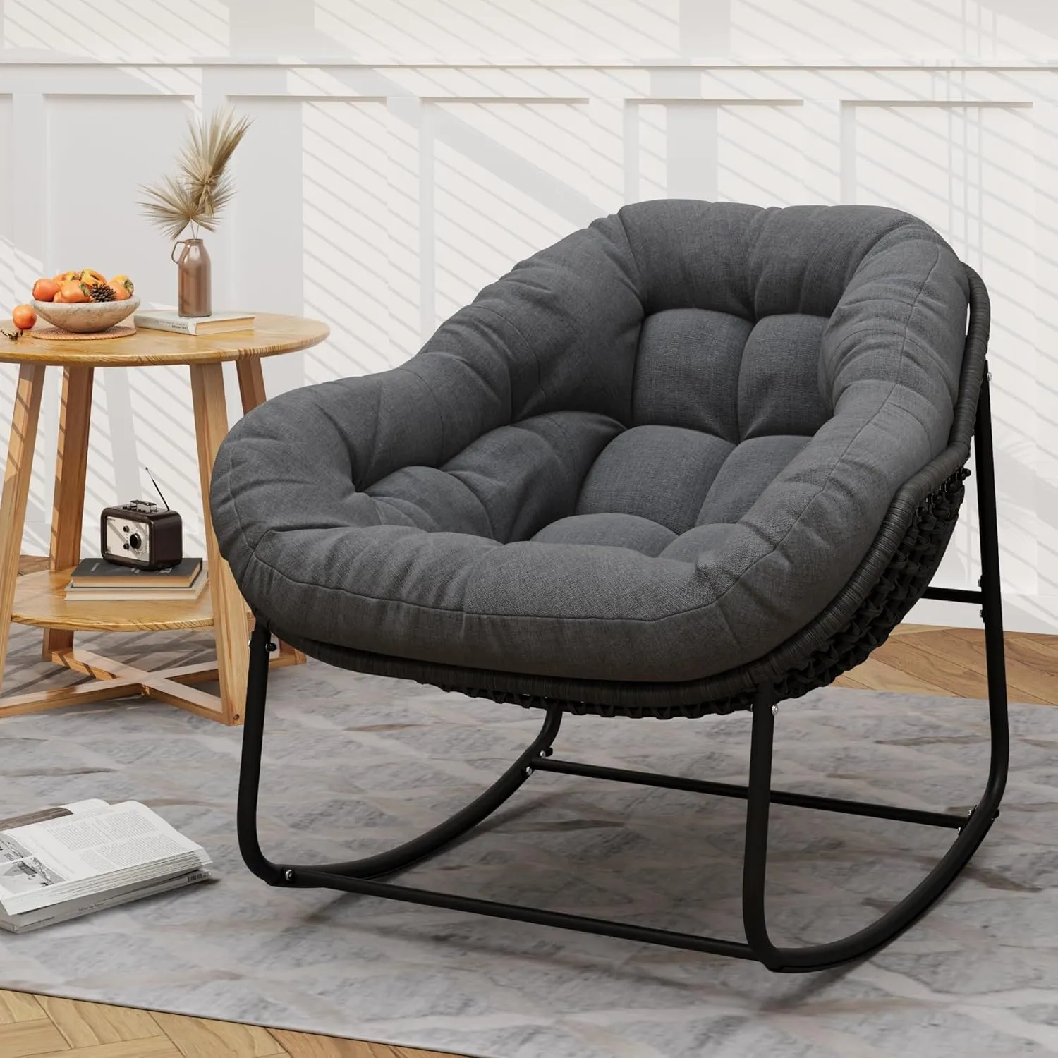 Outdoor Indoor Rocking Chair, Patio Wicker Egg Chair, Indoor & Outdoor Comfy Oversized Papasan Chair with Padded Cushion, Royal Rattan Rocker for Front Porch, Garden, Patio (Dark Grey)