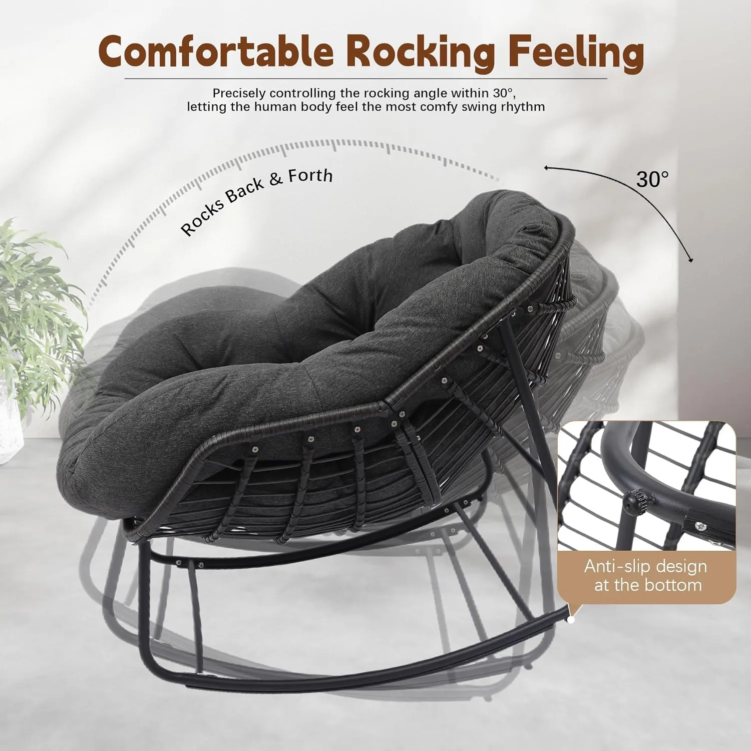 Outdoor Indoor Rocking Chair, Patio Wicker Egg Chair, Indoor & Outdoor Comfy Oversized Papasan Chair with Padded Cushion, Royal Rattan Rocker for Front Porch, Garden, Patio (Dark Grey)