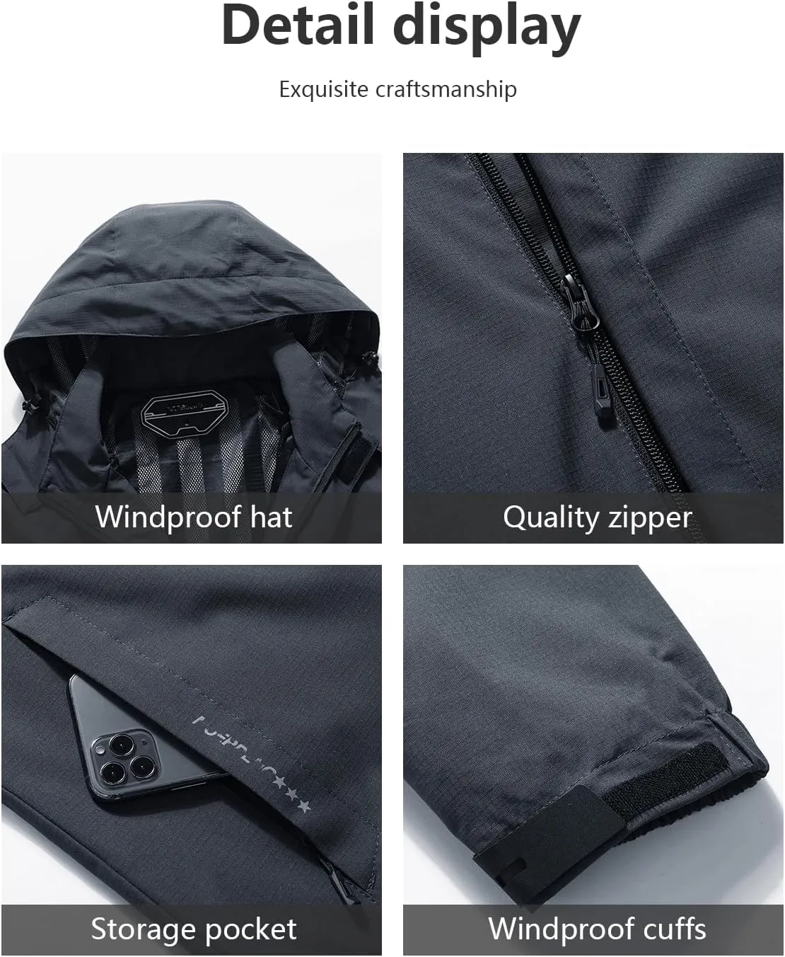 Outdoor Men's Waterproof Raincoat Windbreaker Lightweight Rain Jacket with Detachable Hood