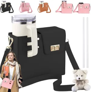 Outdoor Portable Crossbody Water Cup Storage Bag, Cup Holder Bag for Stanley Cup 40 Oz Tumbler, Water Bottle Holder Bag with 2 Adjustable Strap, Stanley Bag for Sports Hiking Travelling (Black)