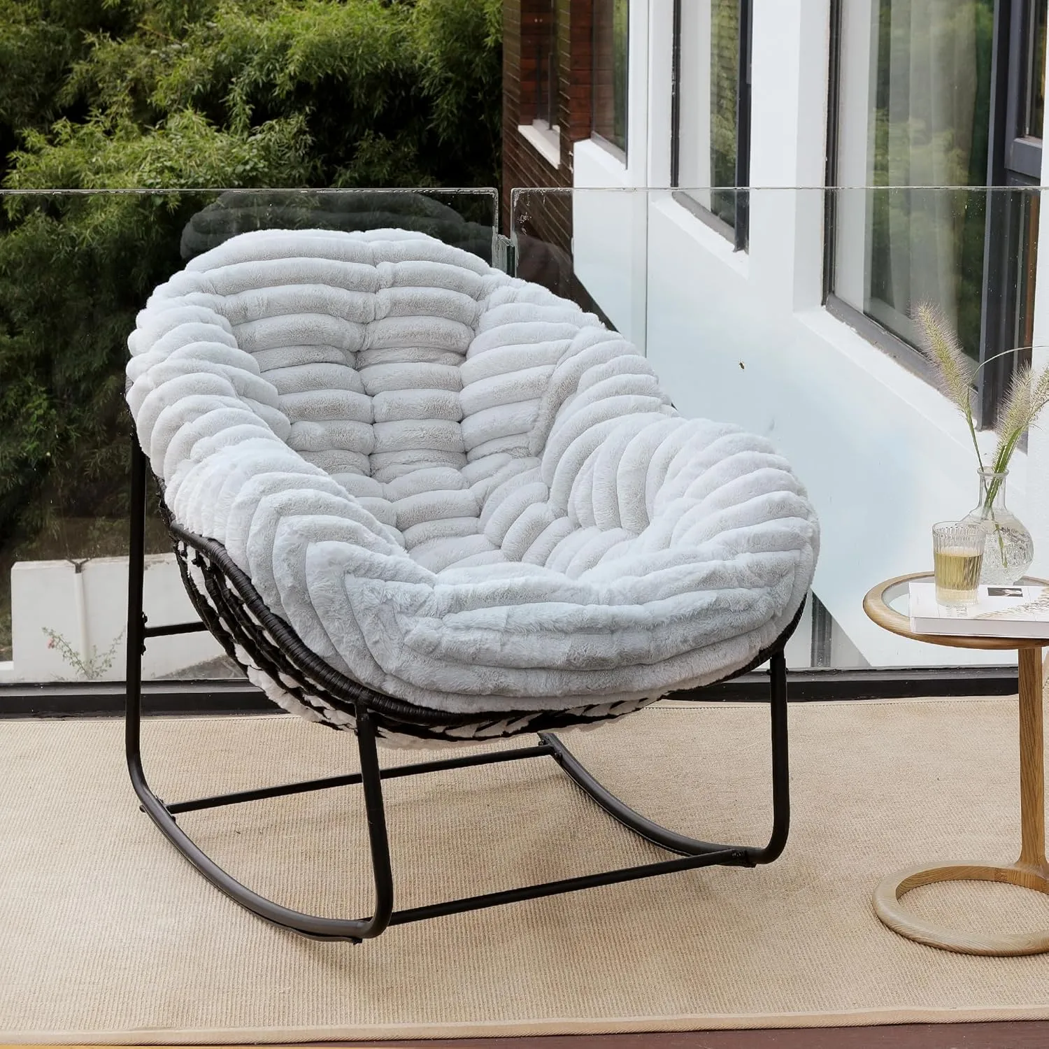 Outdoor Rocking Chair, Patio Wicker Egg Chair, Indoor Comfy Oversized Papasan Chair with Padded Cushion, Royal Rattan Rocker for Front Porch, Garden, Patio (Light Grey)