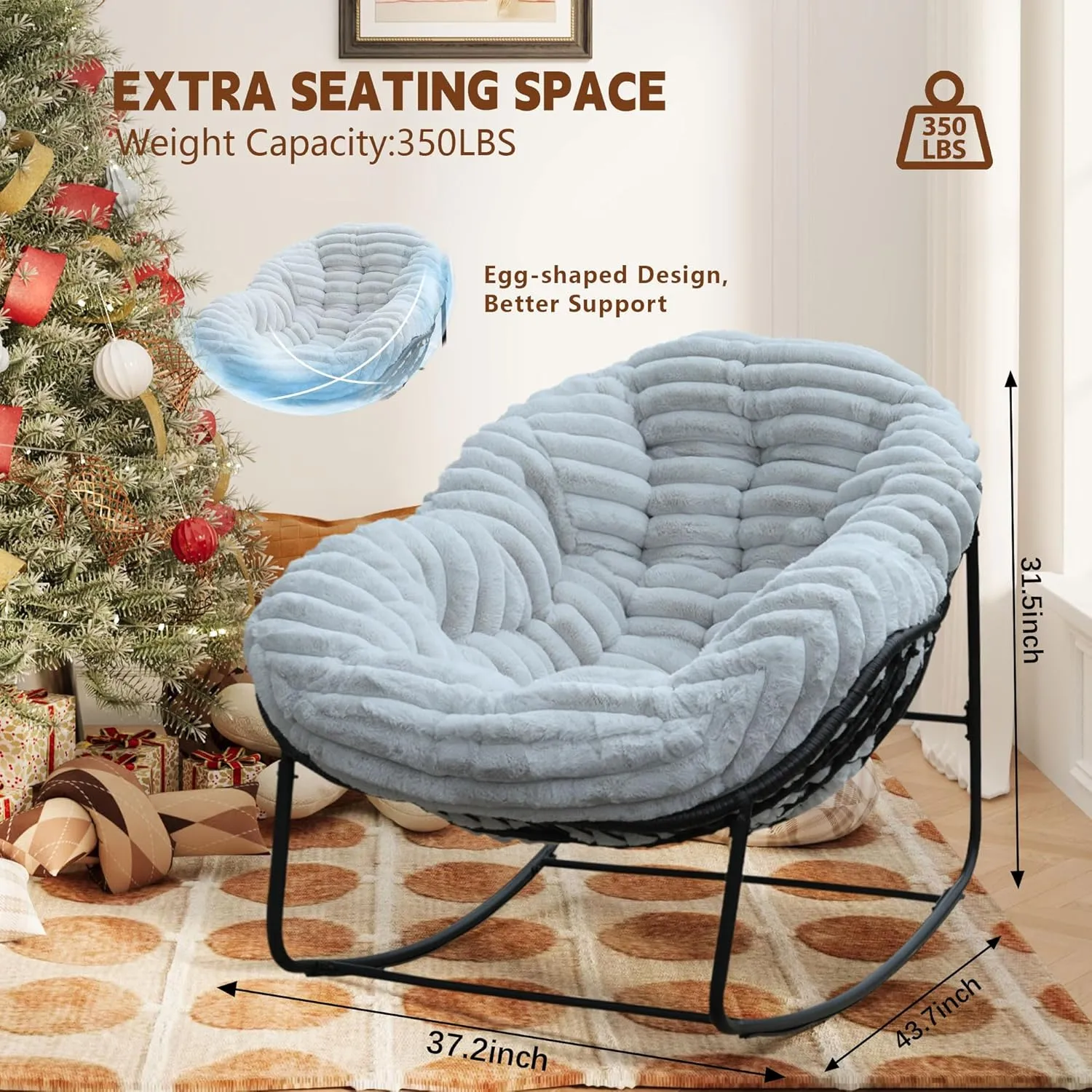 Outdoor Rocking Chair, Patio Wicker Egg Chair, Indoor Comfy Oversized Papasan Chair with Padded Cushion, Royal Rattan Rocker for Front Porch, Garden, Patio (Light Grey)