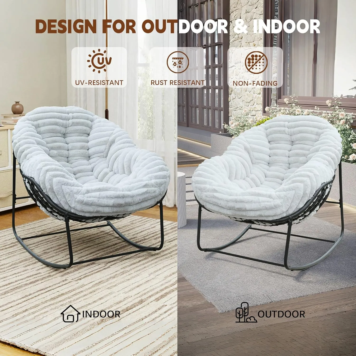 Outdoor Rocking Chair, Patio Wicker Egg Chair, Indoor Comfy Oversized Papasan Chair with Padded Cushion, Royal Rattan Rocker for Front Porch, Garden, Patio (Light Grey)