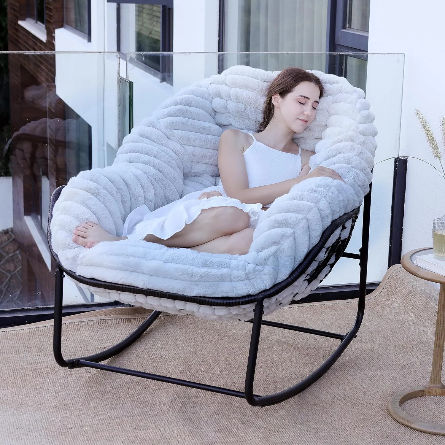 Outdoor Rocking Chair, Patio Wicker Egg Chair, Indoor Comfy Oversized Papasan Chair with Padded Cushion, Royal Rattan Rocker for Front Porch, Garden, Patio (Light Grey)