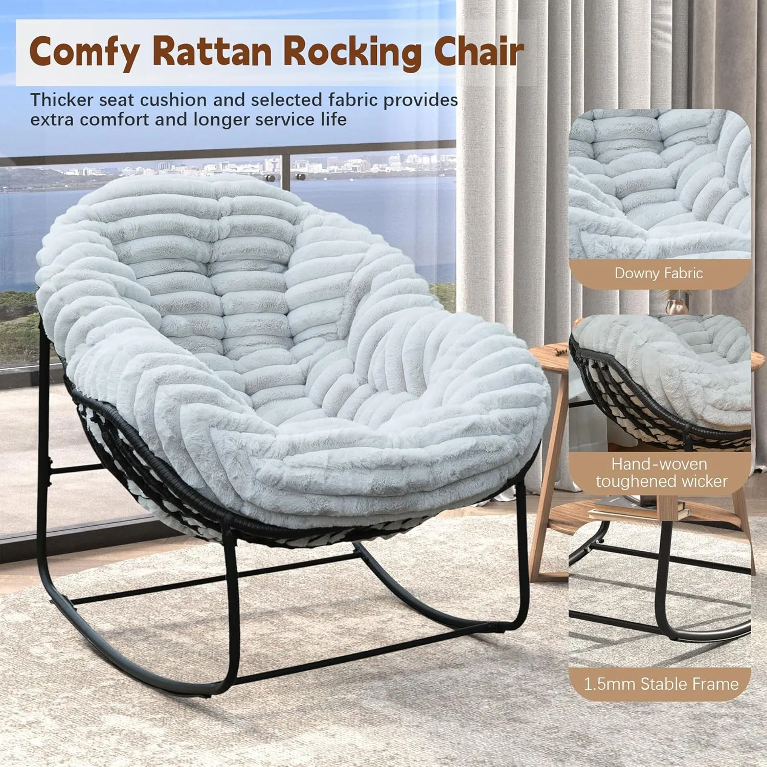 Outdoor Rocking Chair, Patio Wicker Egg Chair, Indoor Comfy Oversized Papasan Chair with Padded Cushion, Royal Rattan Rocker for Front Porch, Garden, Patio (Light Grey)