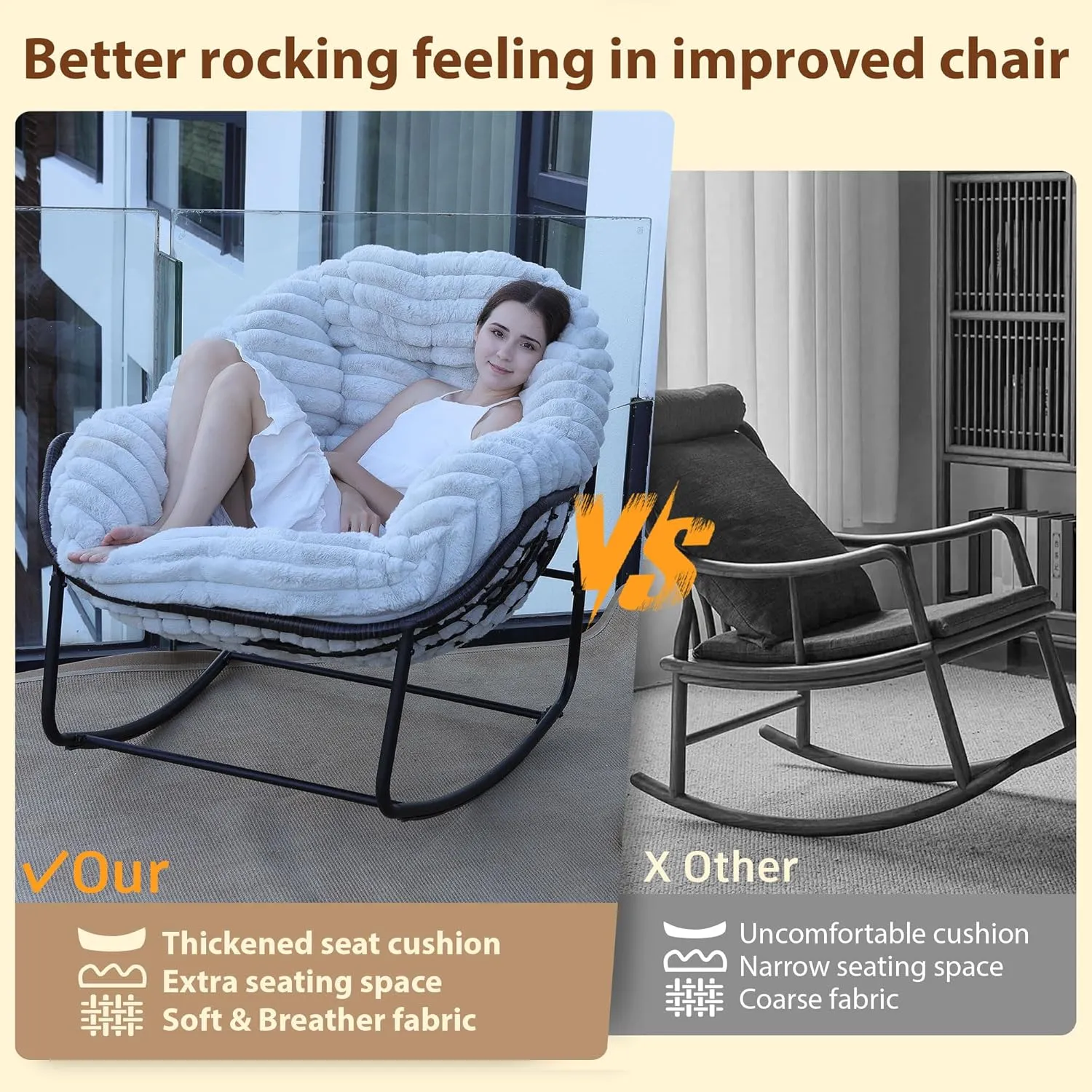 Outdoor Rocking Chair, Patio Wicker Egg Chair, Indoor Comfy Oversized Papasan Chair with Padded Cushion, Royal Rattan Rocker for Front Porch, Garden, Patio (Light Grey)