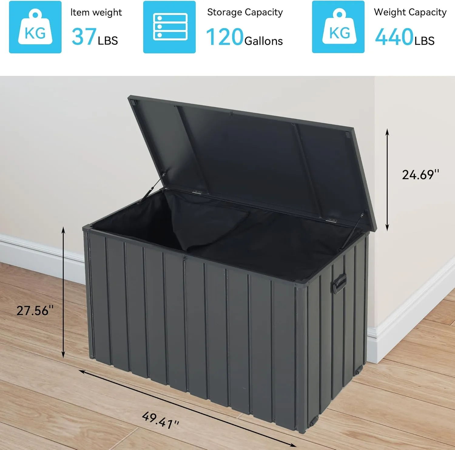 Outdoor Storage Box, 120 Gallon Metal Deck Box Built-in a Oxford Fabric Storage Bag, Lockable & Waterproof Outside Patio Storage Box for Cushions, Pillows, Pool Floats- Grey