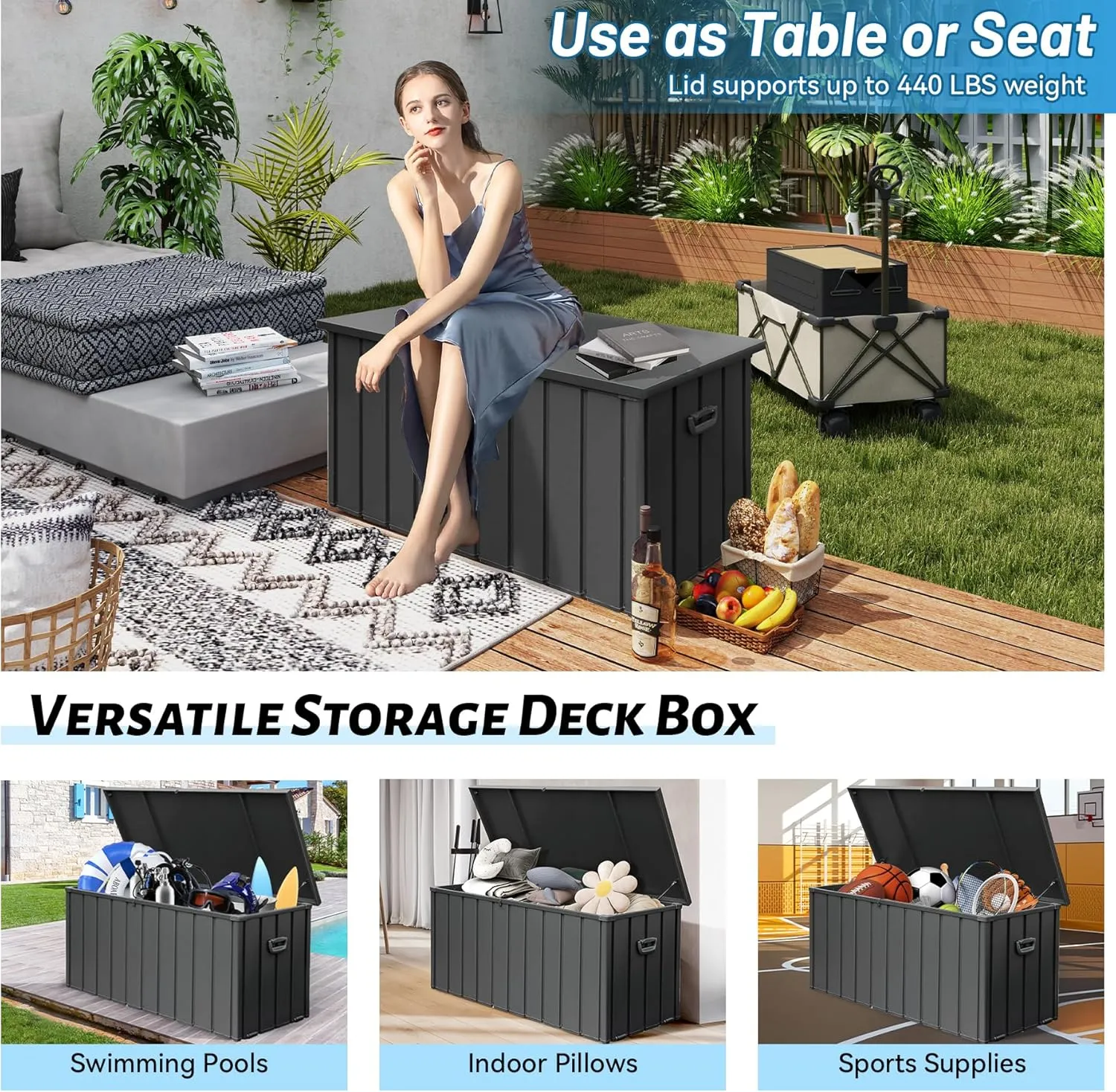 Outdoor Storage Box, 120 Gallon Metal Deck Box Built-in a Oxford Fabric Storage Bag, Lockable & Waterproof Outside Patio Storage Box for Cushions, Pillows, Pool Floats- Grey