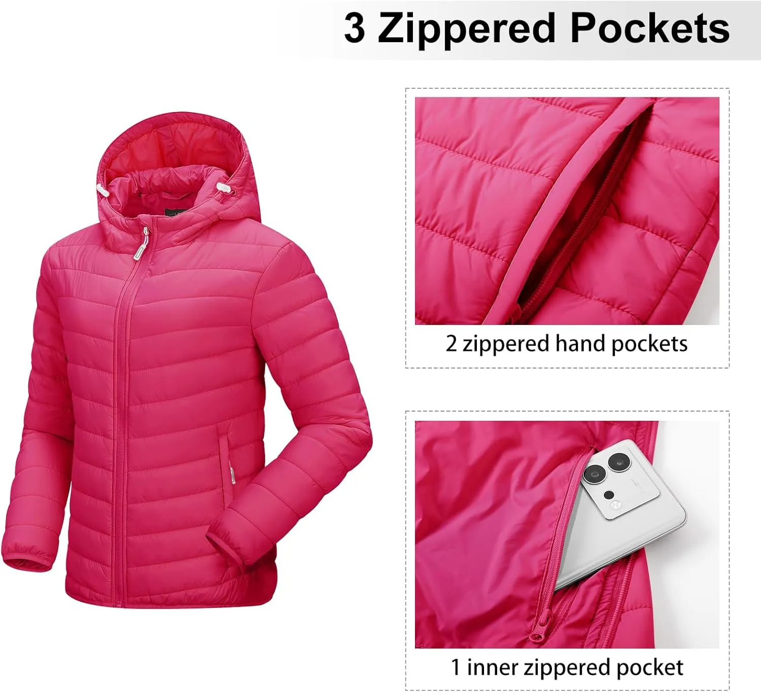 Outdoor Ventures Women's Packable Lightweight Full-Zip Puffer Jacket with Hood Quilted Winter Coat