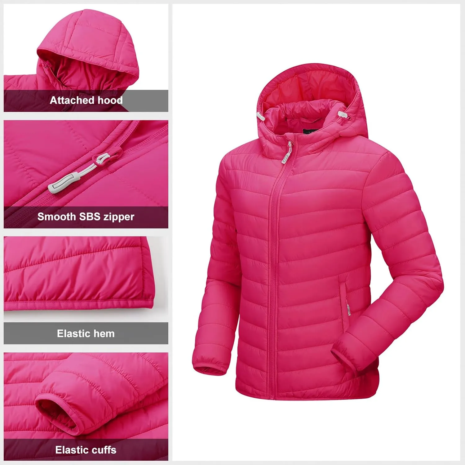 Outdoor Ventures Women's Packable Lightweight Full-Zip Puffer Jacket with Hood Quilted Winter Coat
