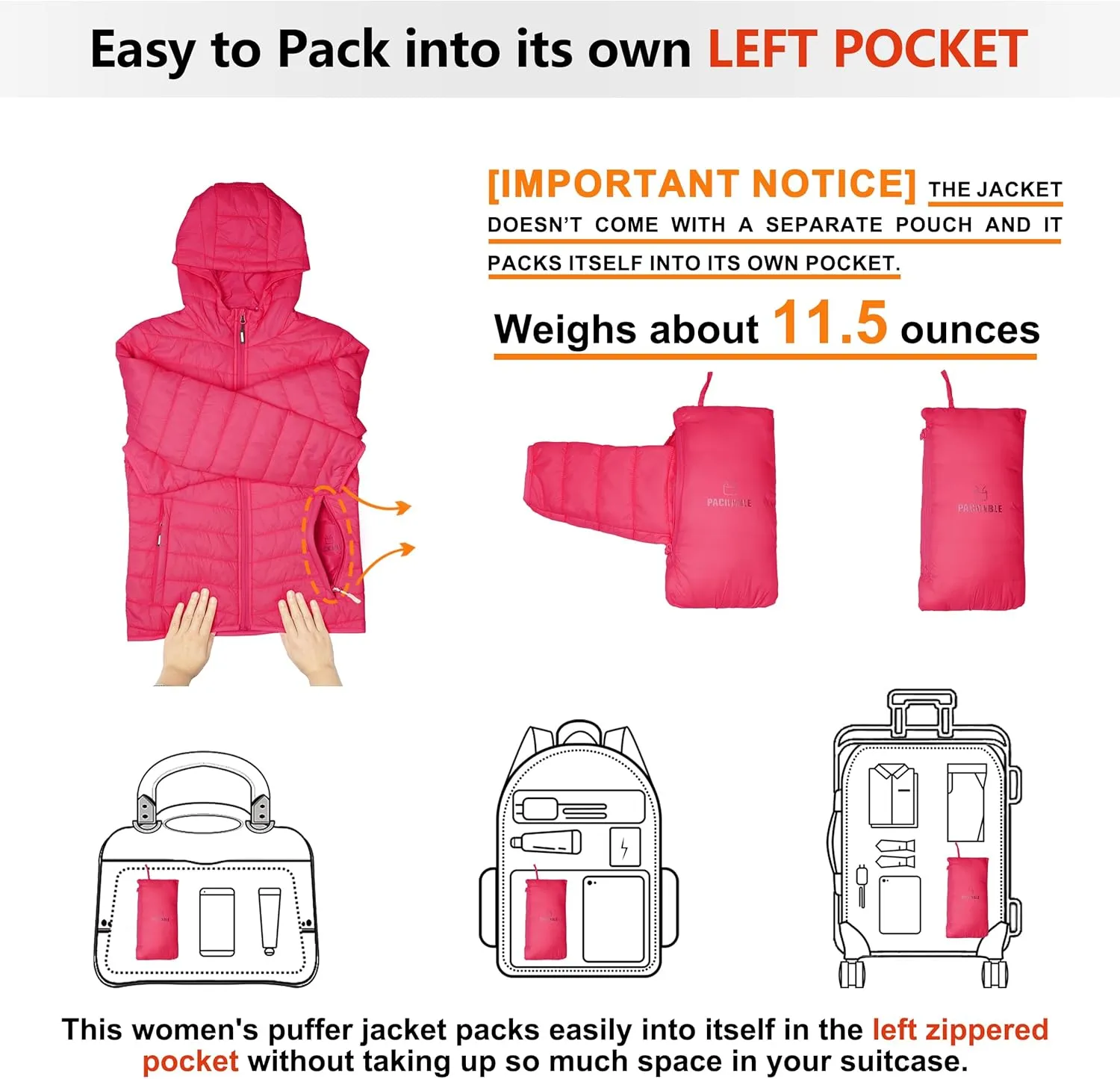 Outdoor Ventures Women's Packable Lightweight Full-Zip Puffer Jacket with Hood Quilted Winter Coat