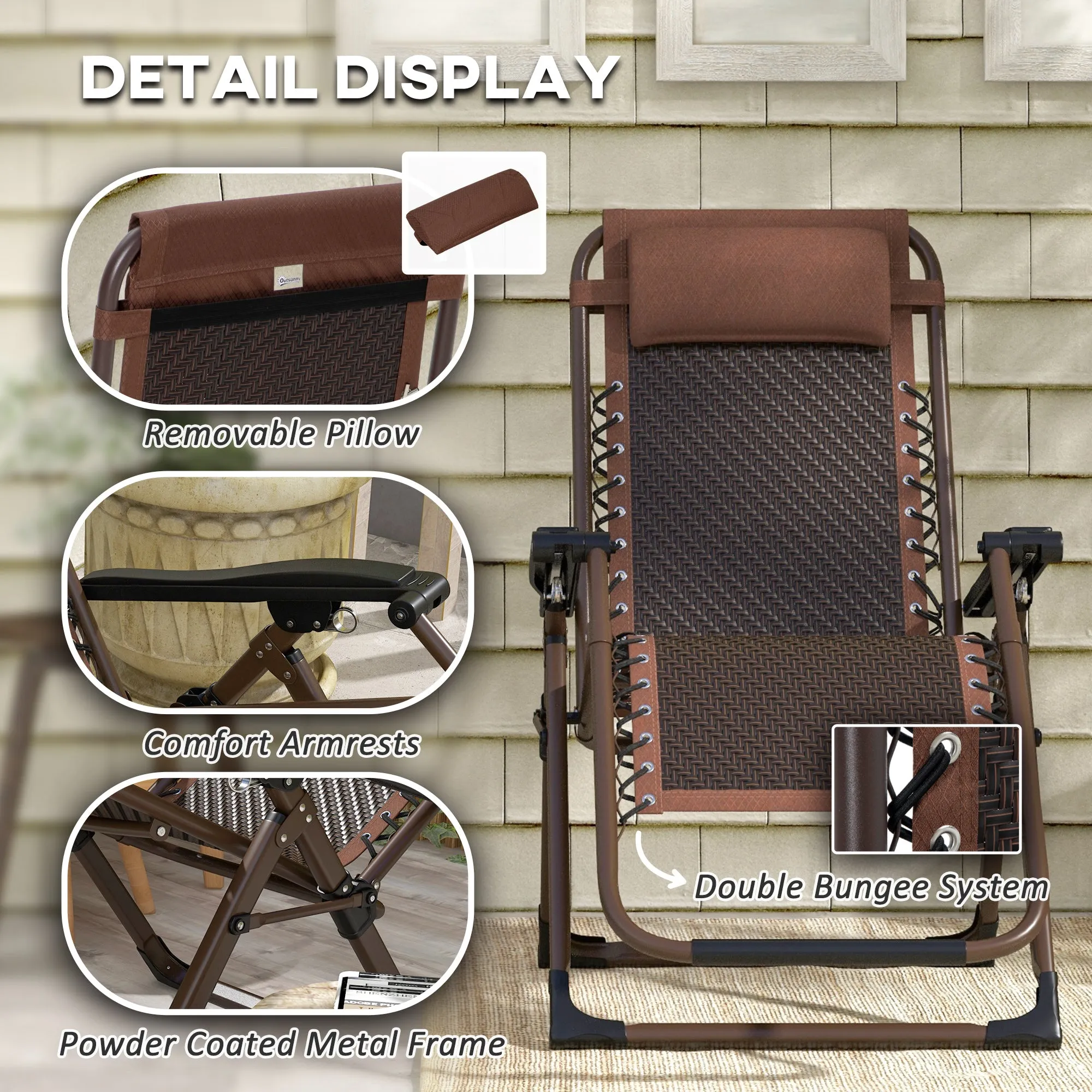Outdoor Zero Gravity Chair, Folding PE Rarran Reclining Patio Lounge Chair with Recline Back, Headrest, Footrest, for Poolside, Garden, Brown